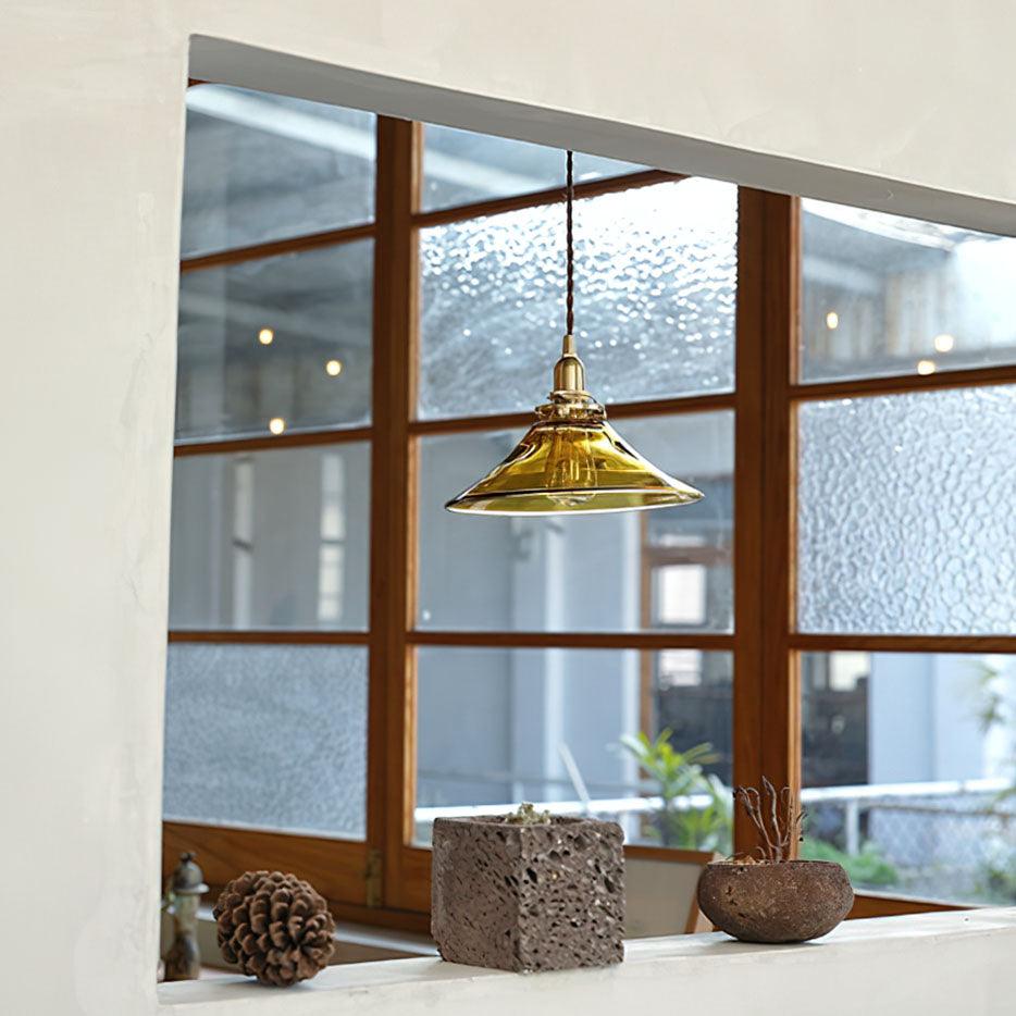 Modern Amber Glass Pendant Light with Brass Fixture for Living Room and Bedroom