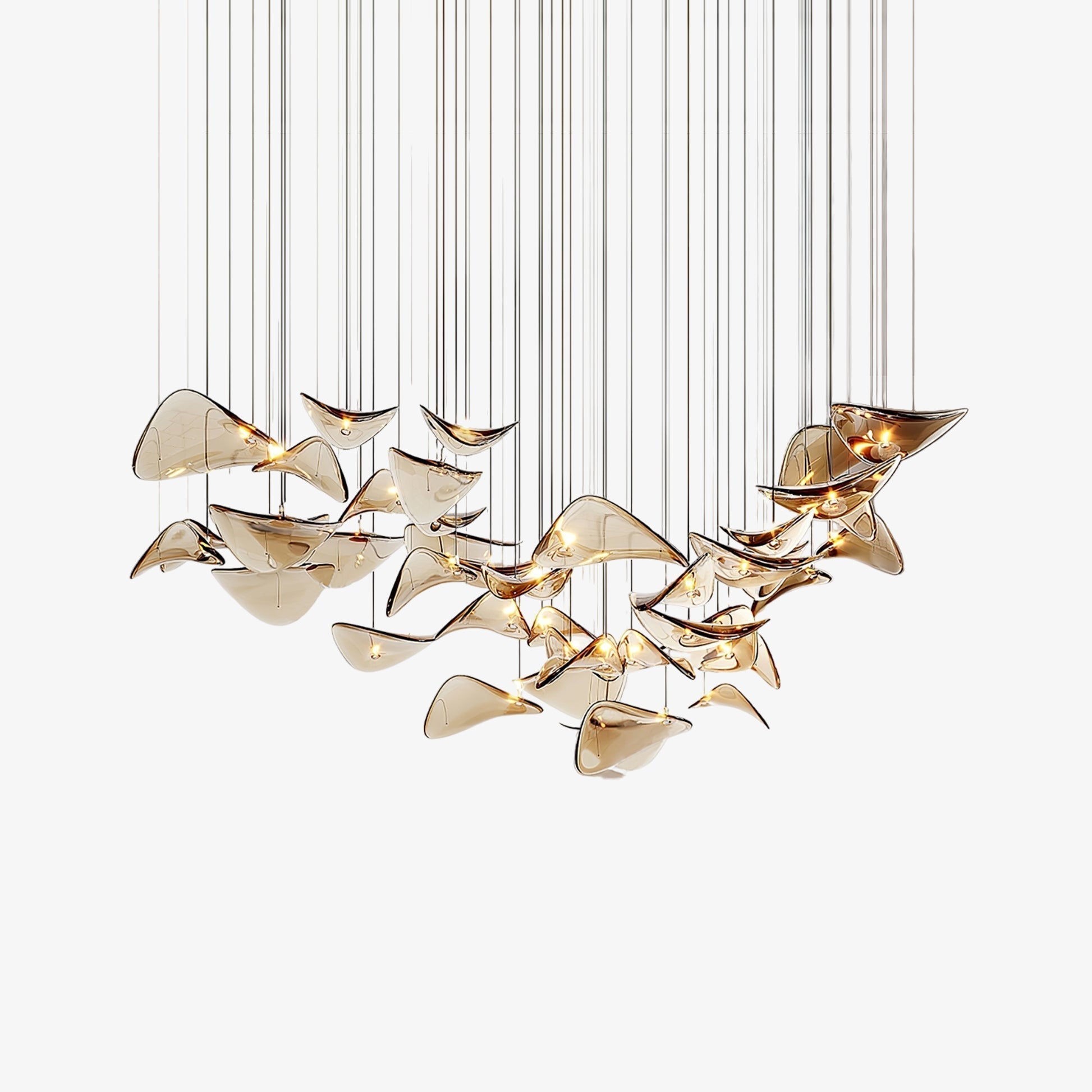 Modern Amber Glass Wave Floating Leaf Chandelier Elegant LED Hanging Ceiling Light