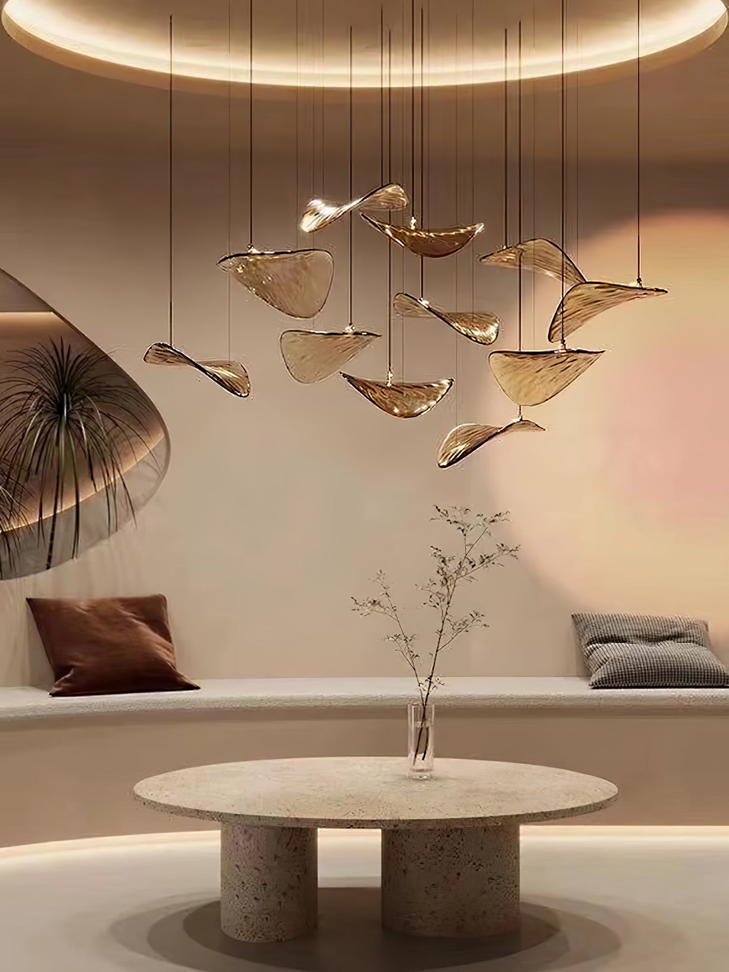Modern Amber Glass Wave Floating Leaf Chandelier Elegant LED Hanging Ceiling Light