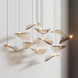 Modern Amber Glass Wave Floating Leaf Chandelier Elegant LED Hanging Ceiling Light