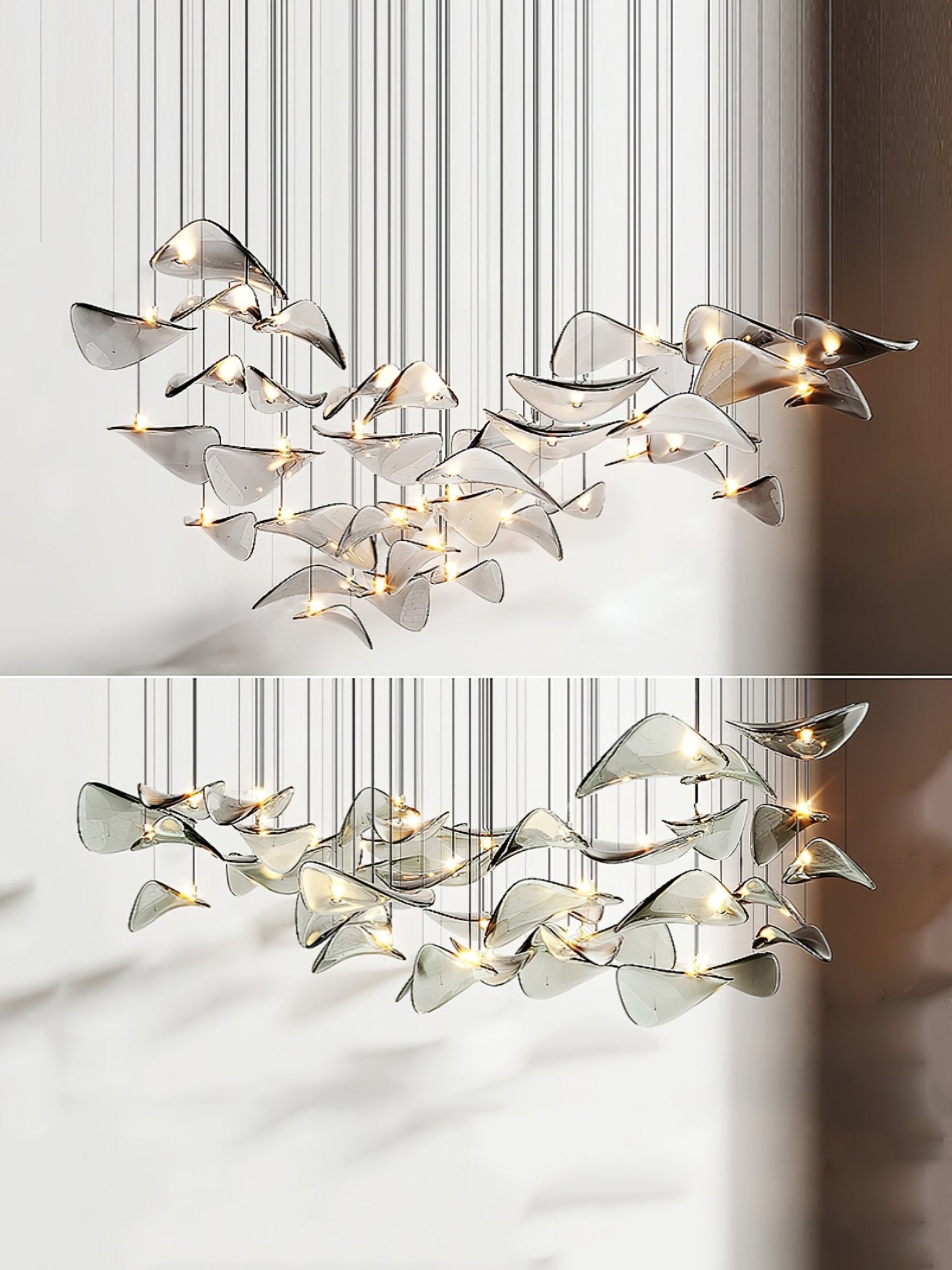 Modern Amber Glass Wave Floating Leaf Chandelier Elegant LED Hanging Ceiling Light