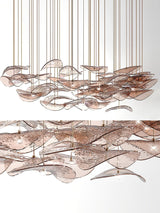 Modern Amber Glass Wave Floating Leaf Chandelier Elegant LED Hanging Ceiling Light
