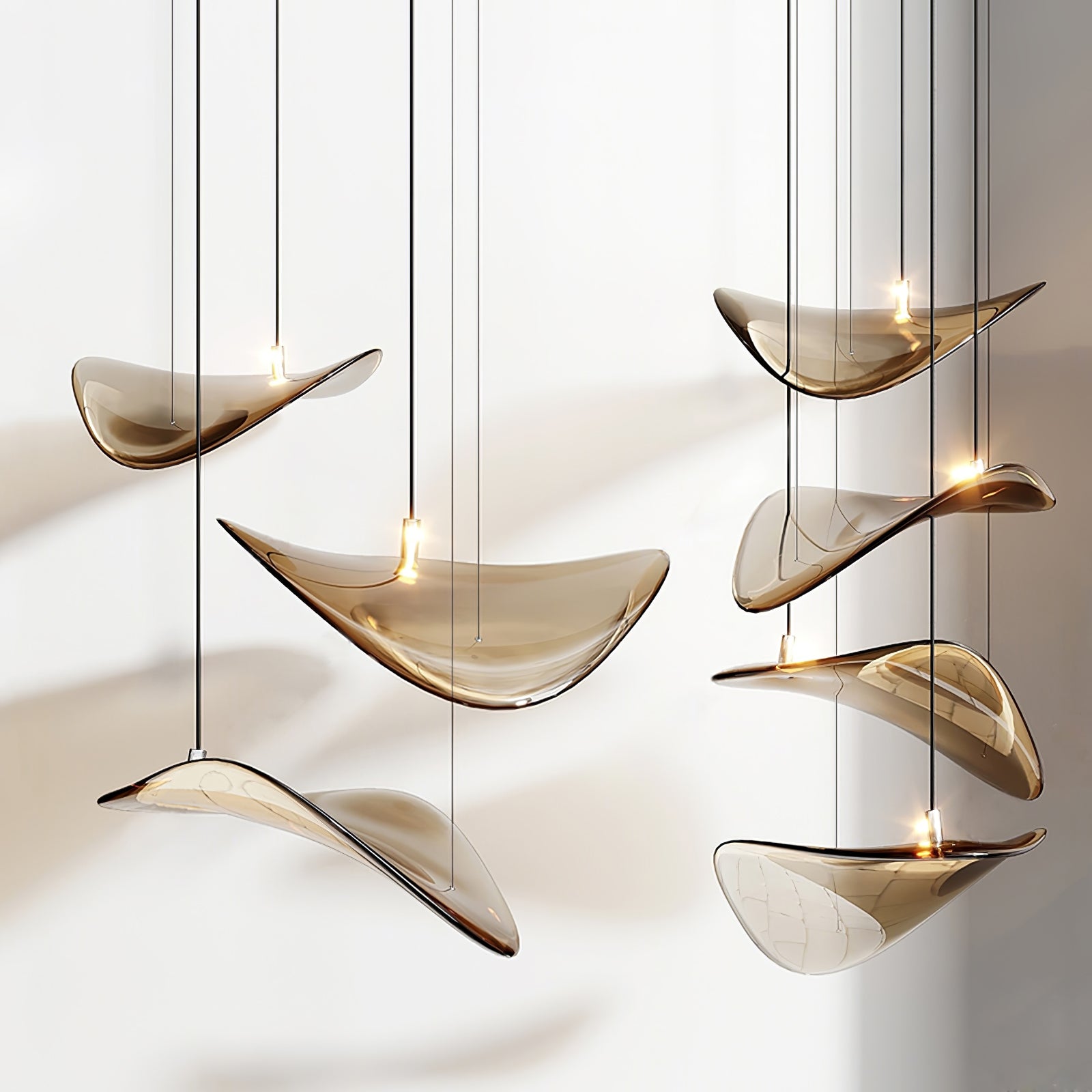 Modern Amber Glass Wave Floating Leaf Chandelier Elegant LED Hanging Ceiling Light