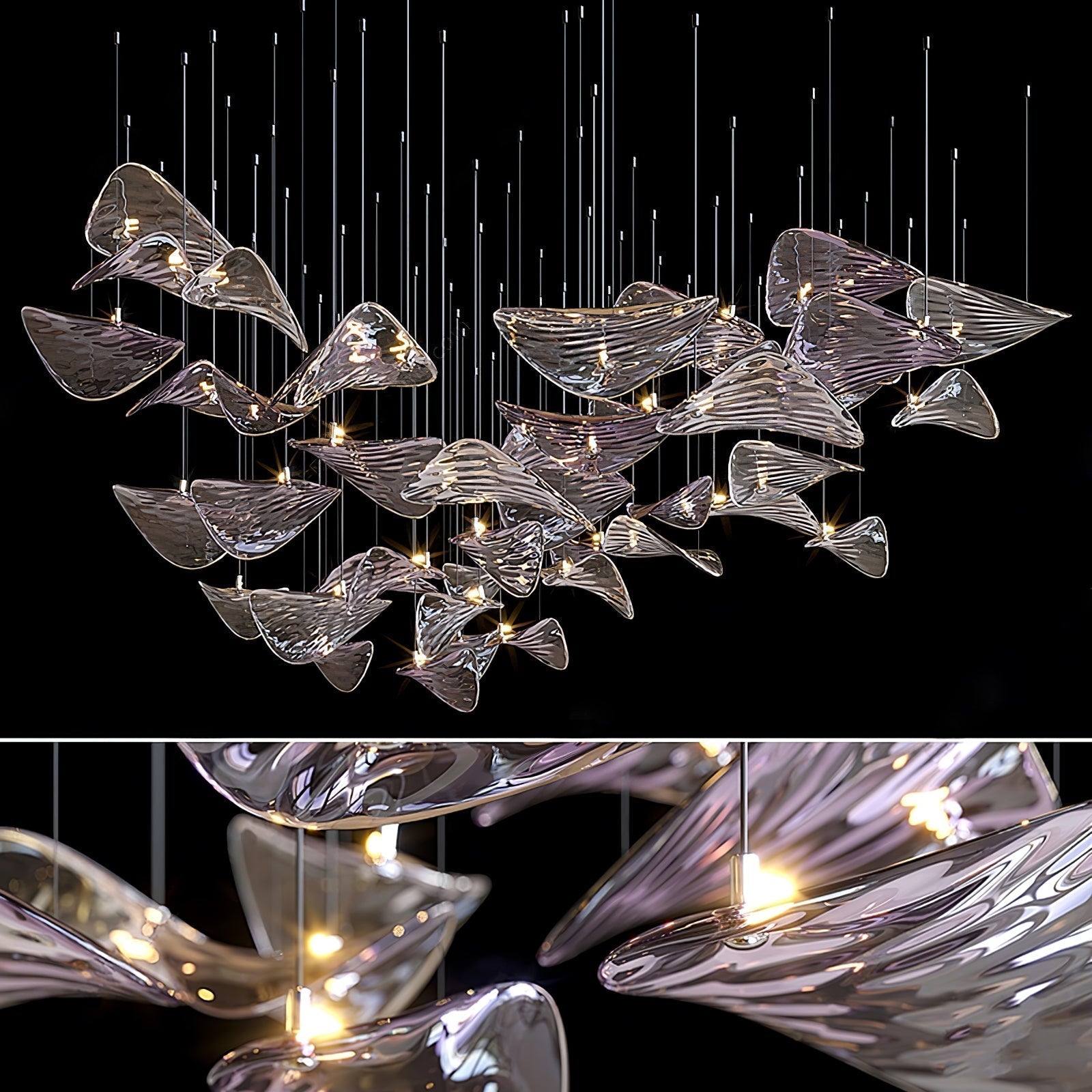 Modern Amber Glass Wave Floating Leaf Chandelier Elegant LED Hanging Ceiling Light