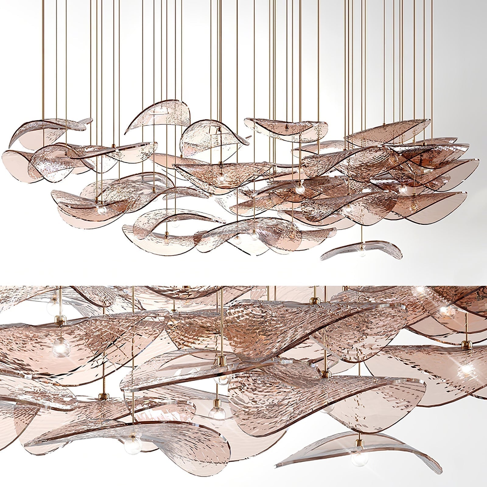 Modern Amber Glass Wave Floating Leaf Chandelier Elegant LED Hanging Ceiling Light