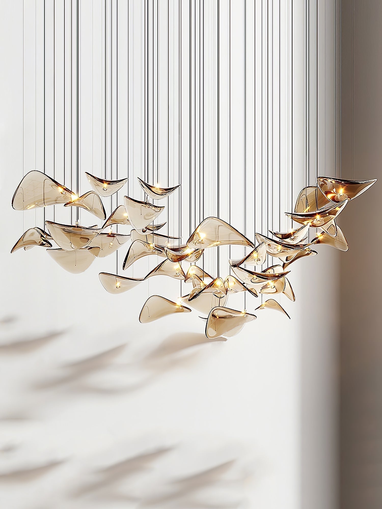 Modern Amber Glass Wave Floating Leaf Chandelier Elegant LED Hanging Ceiling Light