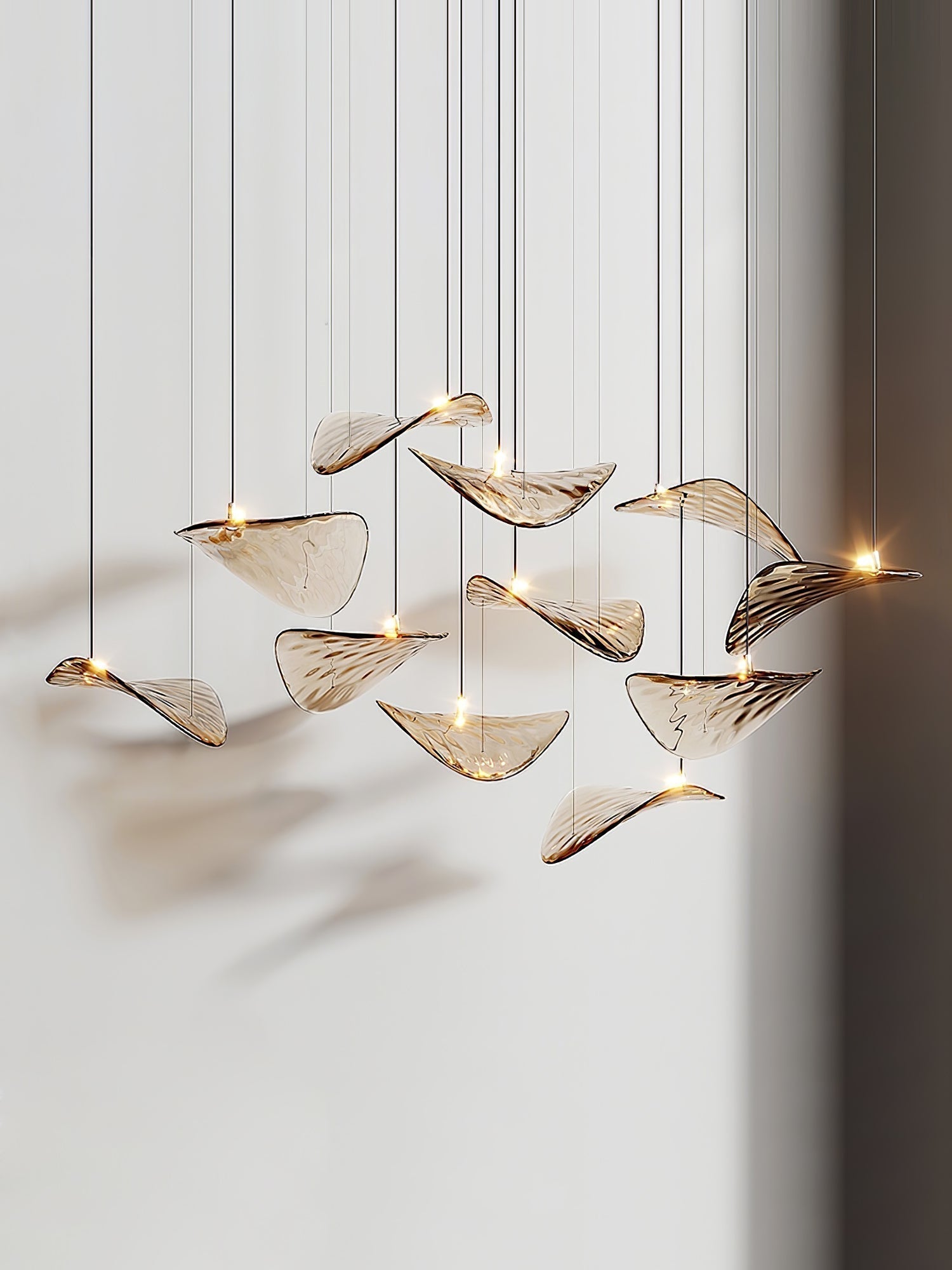 Modern Amber Glass Wave Floating Leaf Chandelier Elegant LED Hanging Ceiling Light