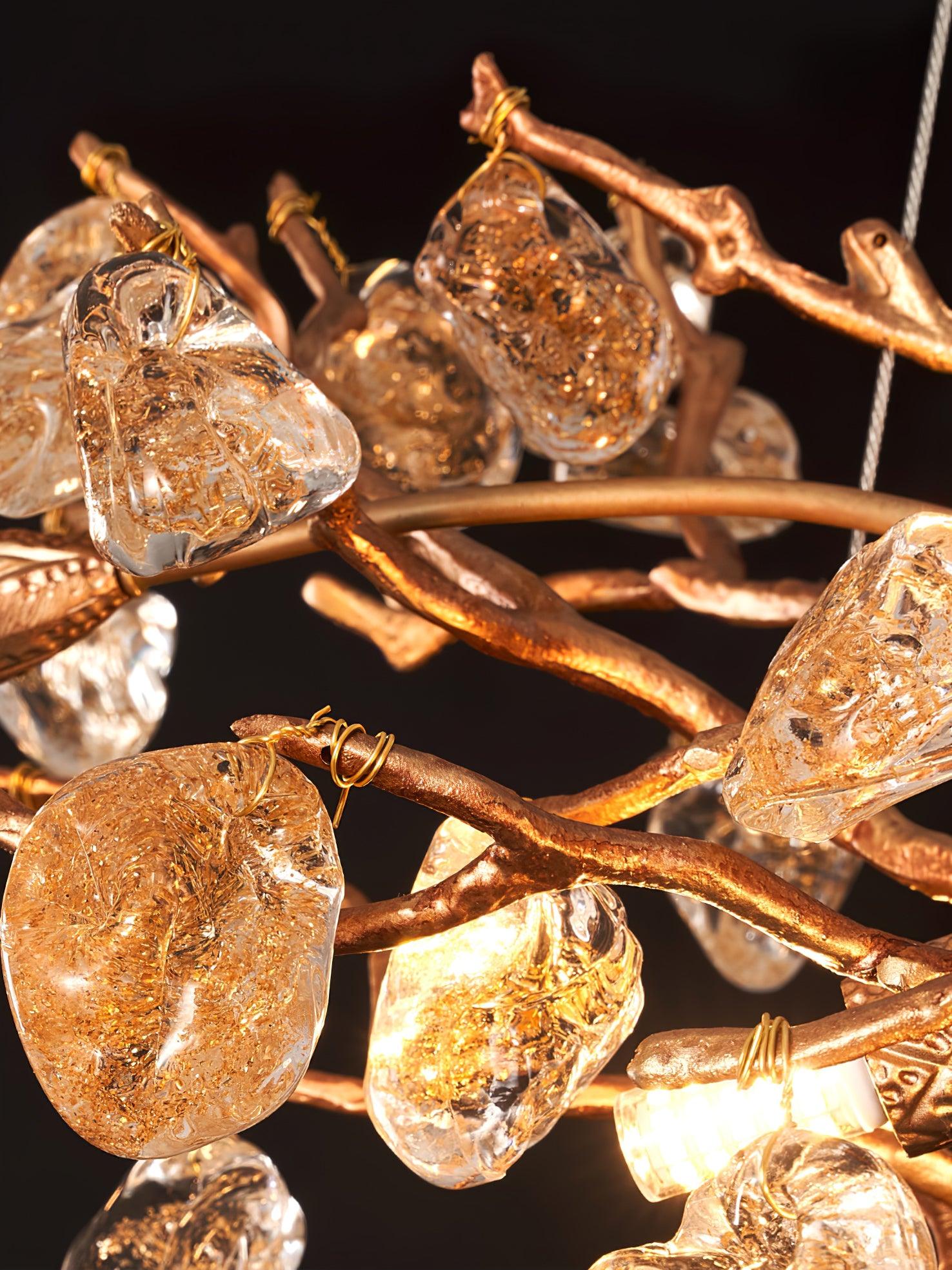 Modern Amber Stone Crystal Branch Chandelier in Genuine Brass Finish