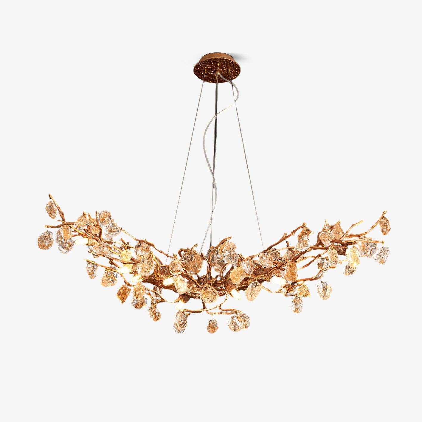 Modern Amber Stone Crystal Branch Chandelier in Genuine Brass Finish