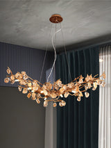 Modern Amber Stone Crystal Branch Chandelier in Genuine Brass Finish