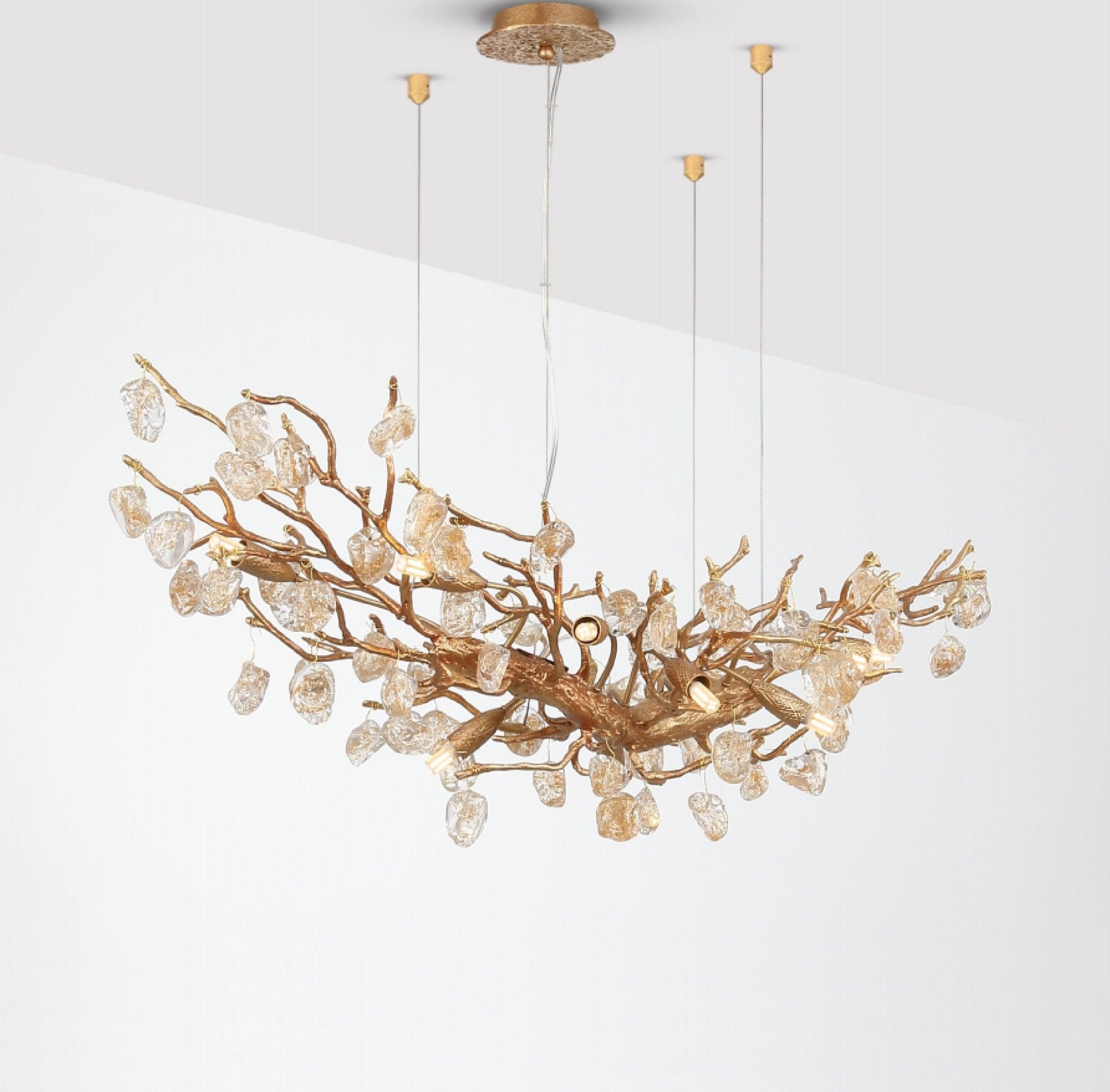 Modern Amber Stone Crystal Branch Chandelier in Genuine Brass Finish