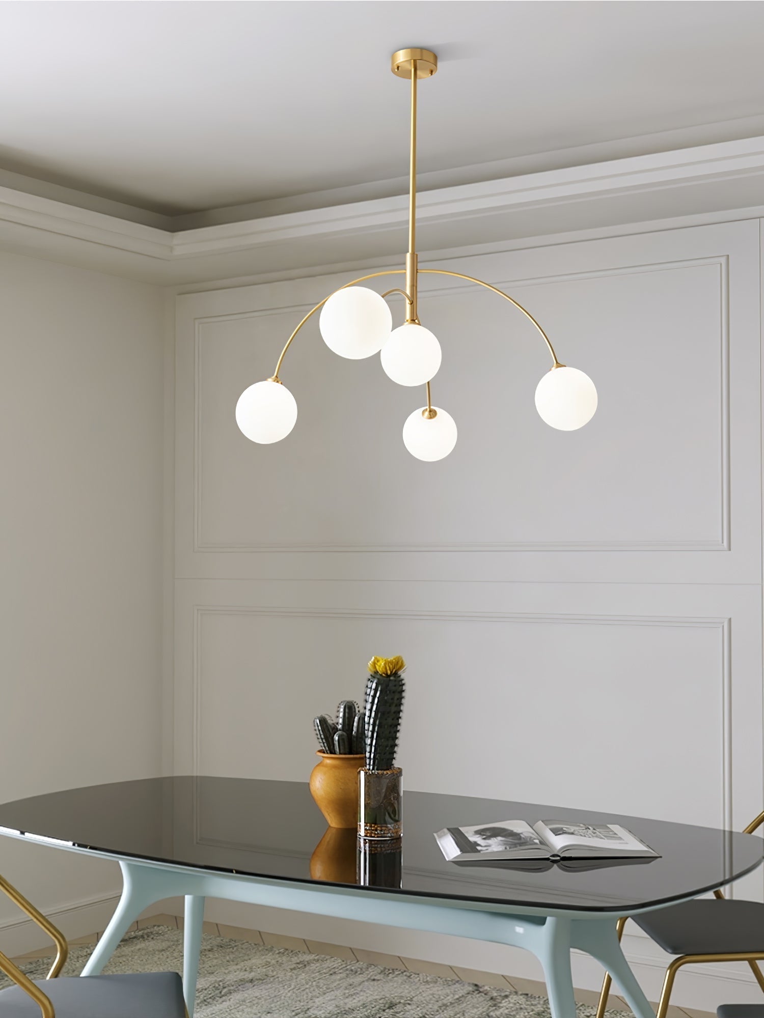 Modern Arched Glass Globe Chandelier Gold and White Mid Century Pendant Light
