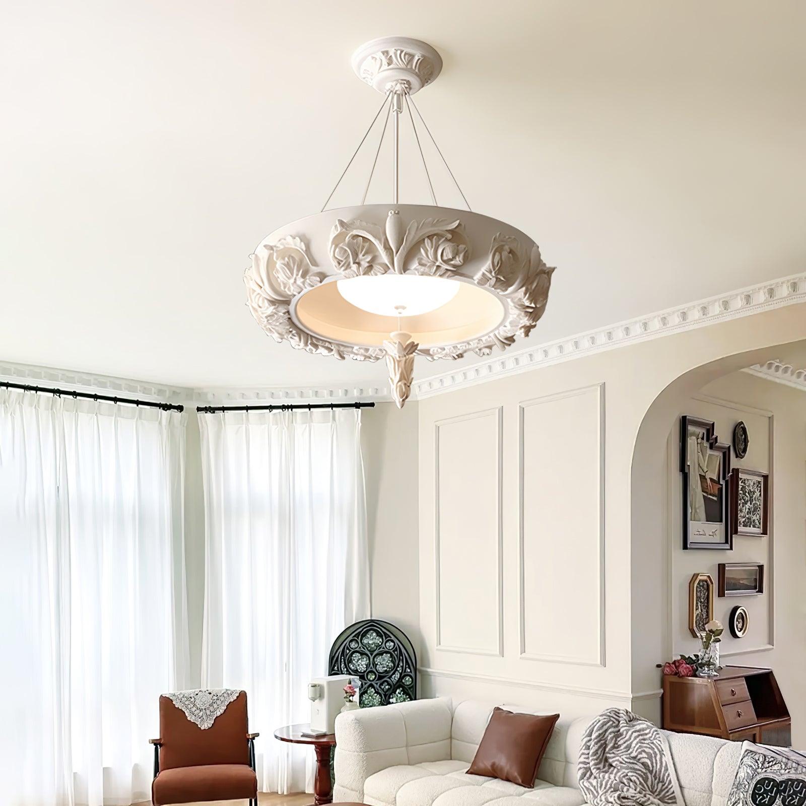 Modern Architectural Plaster Crown Chandelier White Carved LED Pendant Ceiling Light
