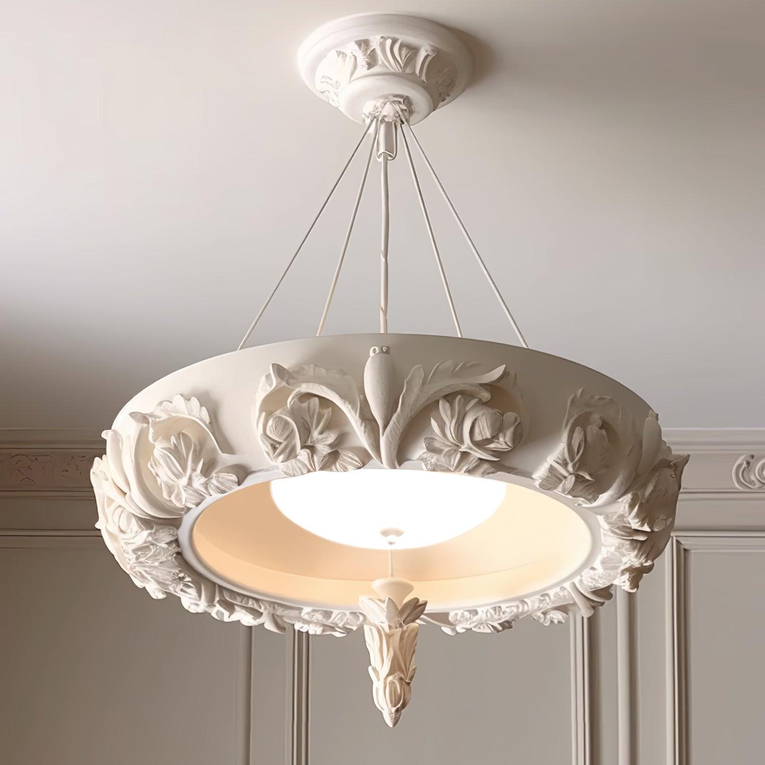 Modern Architectural Plaster Crown Chandelier White Carved LED Pendant Ceiling Light