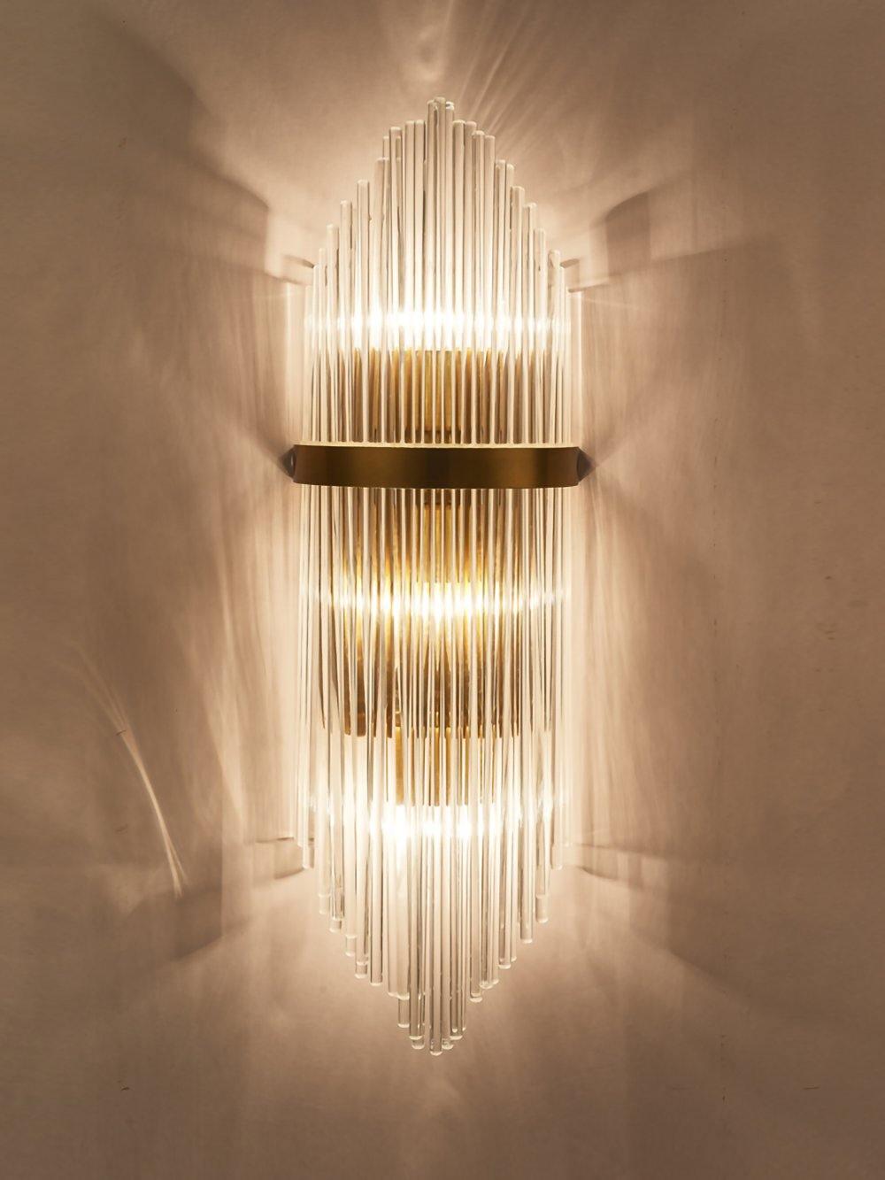 Modern Art Deco Crystal Wall Sconce with Brass Finish and Multi Layered Glass Rods