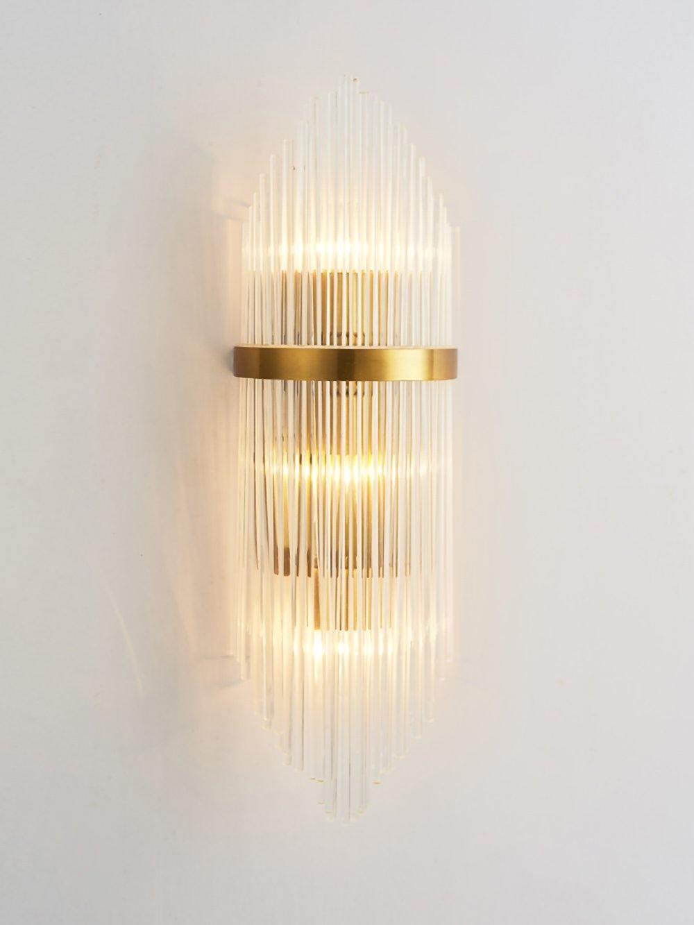 Modern Art Deco Crystal Wall Sconce with Brass Finish and Multi Layered Glass Rods