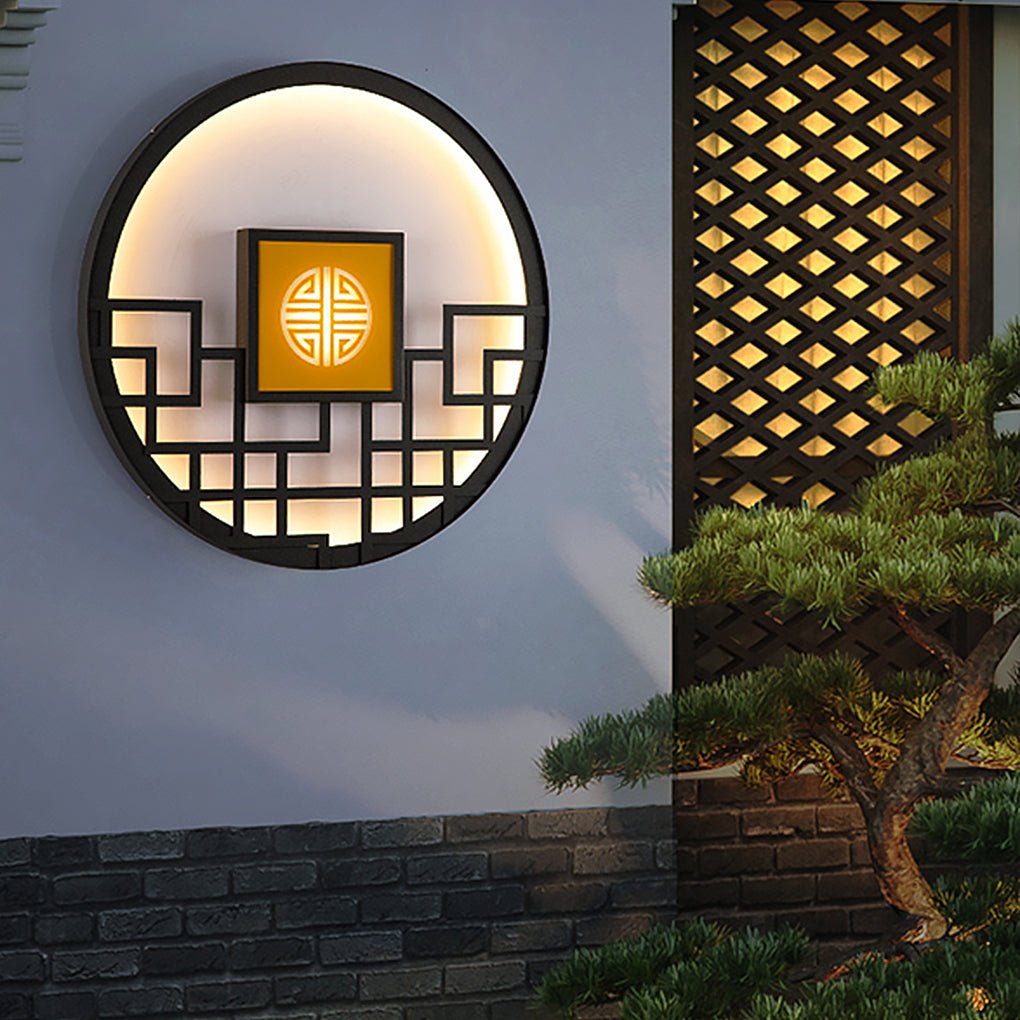 Modern Asian Style Round Outdoor LED Wall Lamp for Villa Courtyard Landscape Lighting