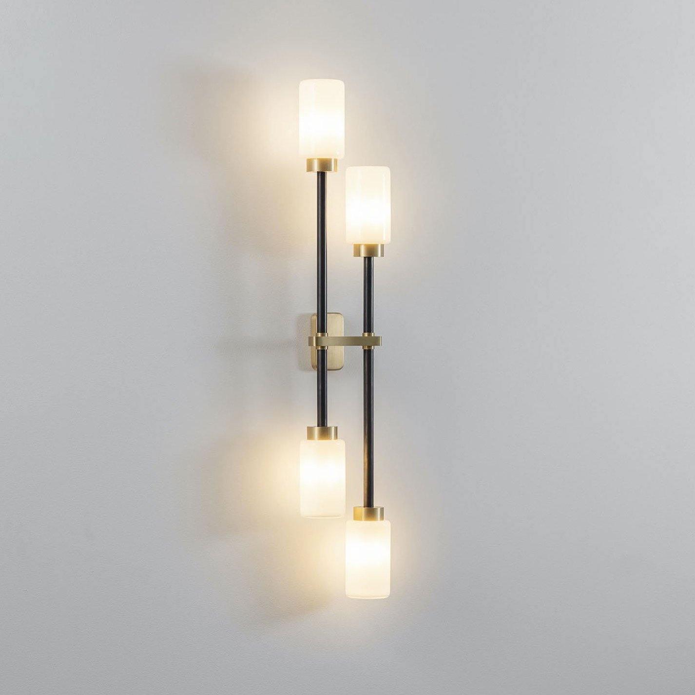 Modern Asymmetric Brass Wall Sconce with Cylindrical Glass Shades for Luxury Interiors