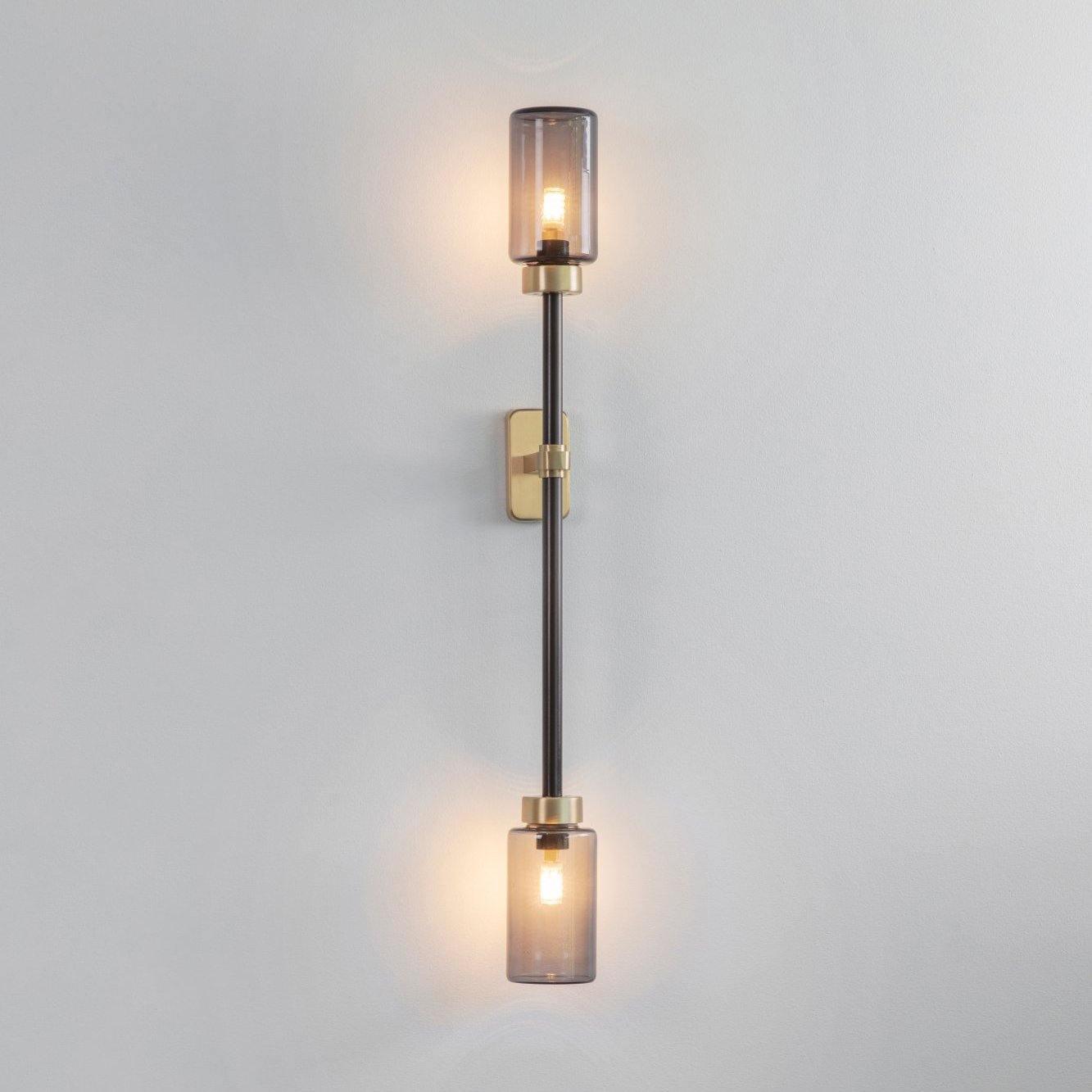 Modern Asymmetric Brass Wall Sconce with Cylindrical Glass Shades for Luxury Interiors