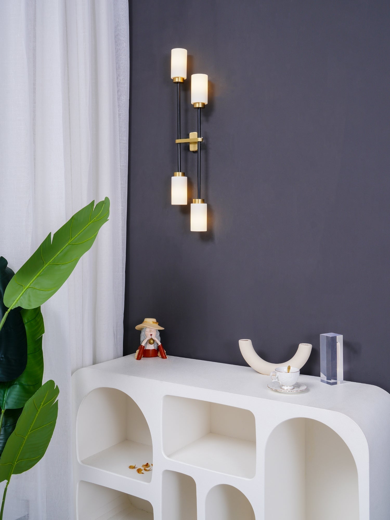 Modern Asymmetric Brass Wall Sconce with Cylindrical Glass Shades for Luxury Interiors