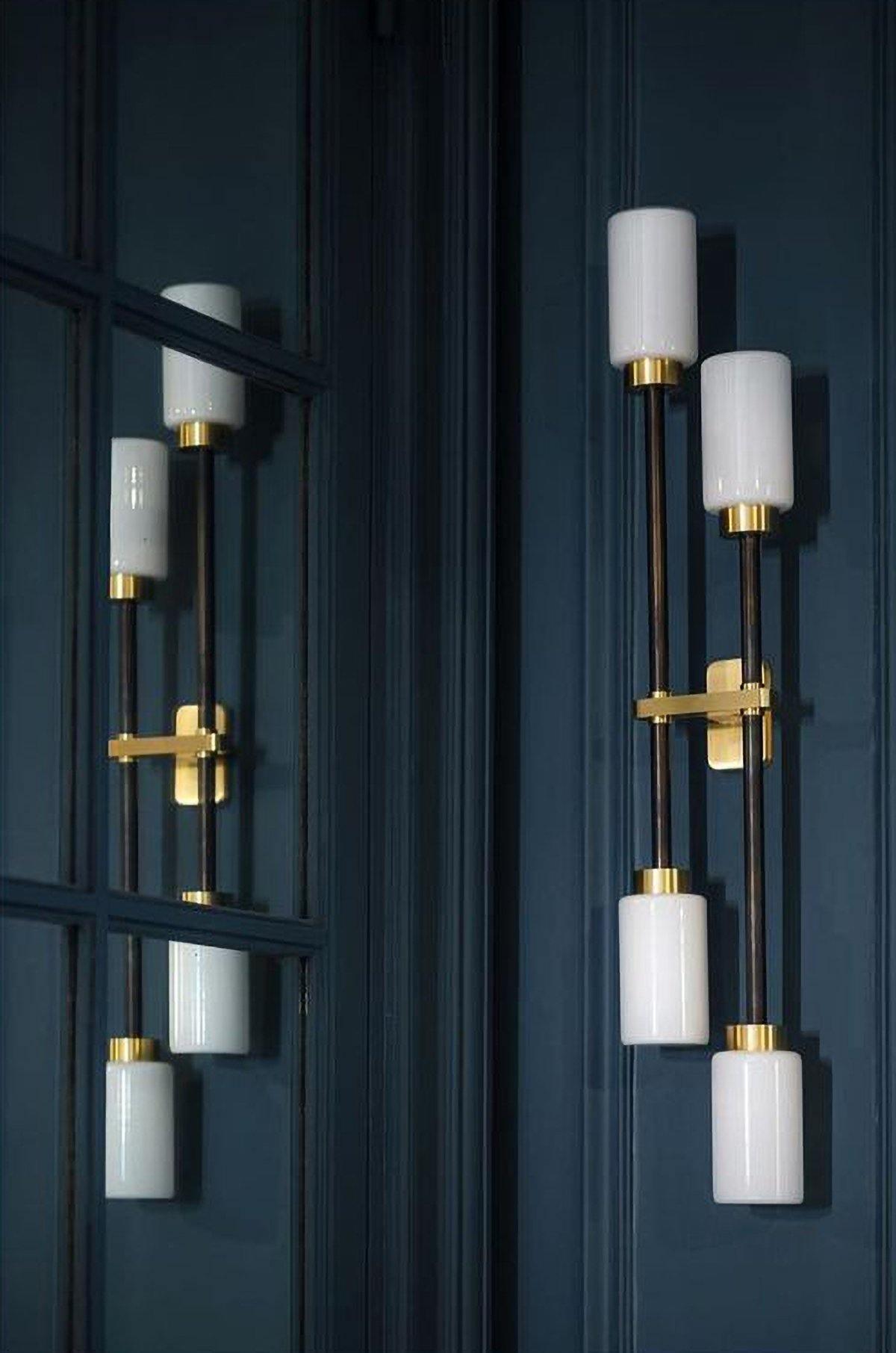 Modern Asymmetric Brass Wall Sconce with Cylindrical Glass Shades for Luxury Interiors