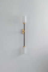 Modern Asymmetric Brass Wall Sconce with Cylindrical Glass Shades for Luxury Interiors
