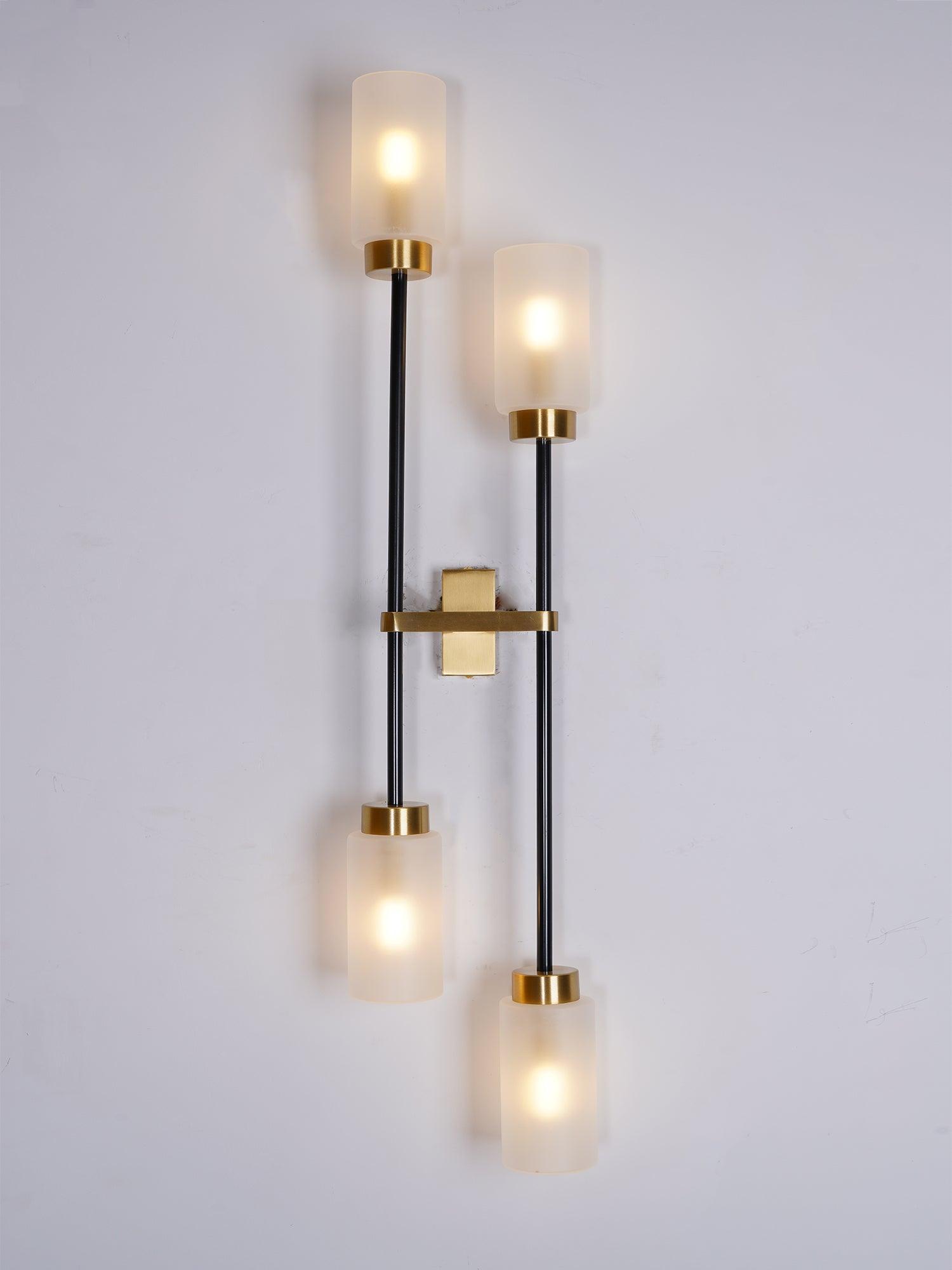 Modern Asymmetric Brass Wall Sconce with Cylindrical Glass Shades for Luxury Interiors