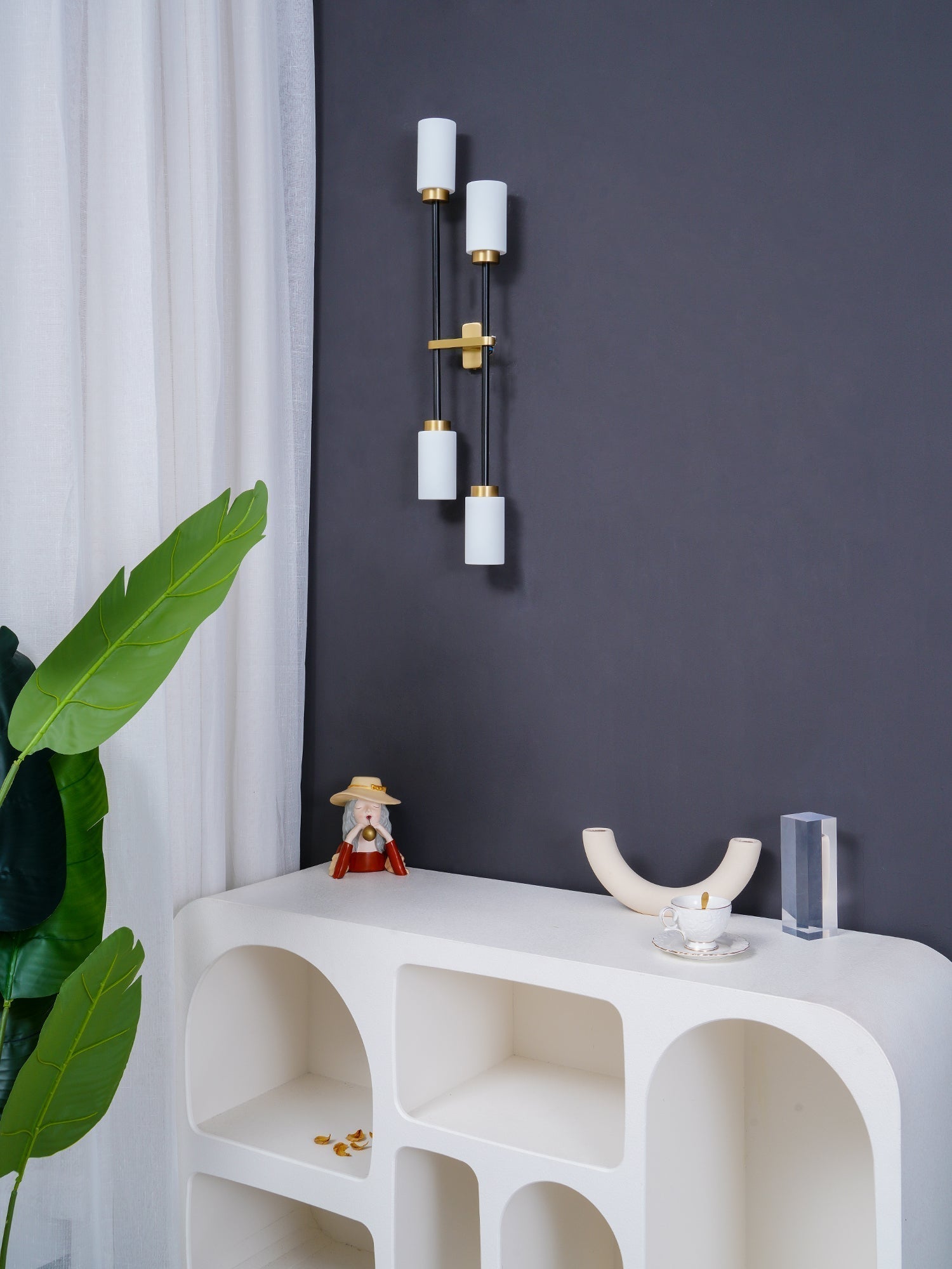 Modern Asymmetric Brass Wall Sconce with Cylindrical Glass Shades for Luxury Interiors