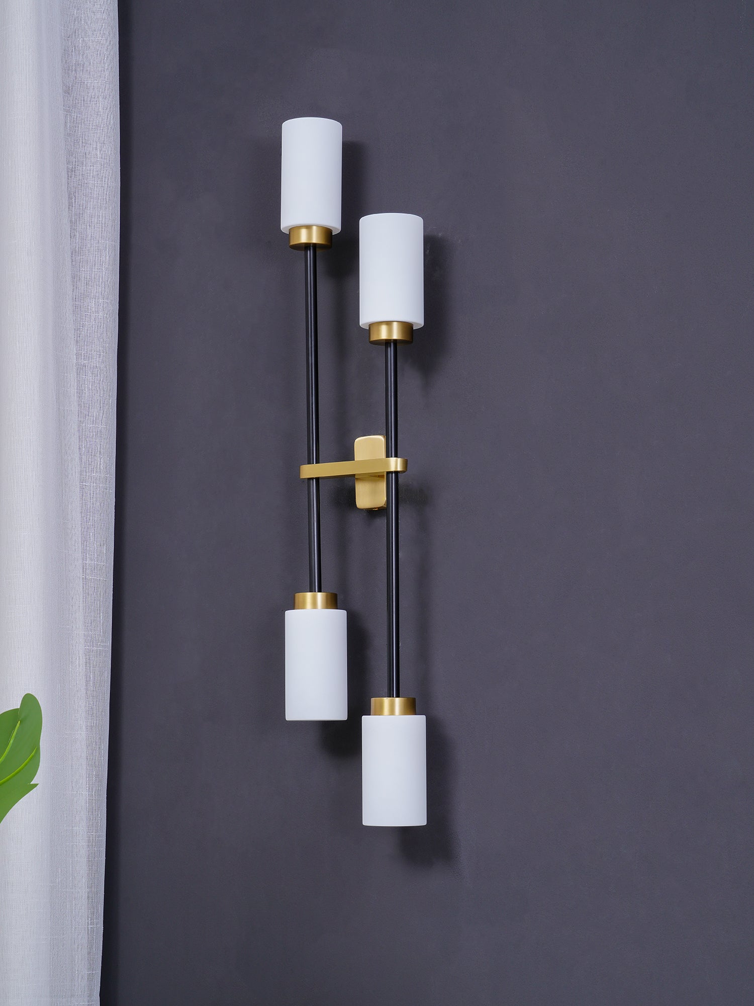 Modern Asymmetric Brass Wall Sconce with Cylindrical Glass Shades for Luxury Interiors