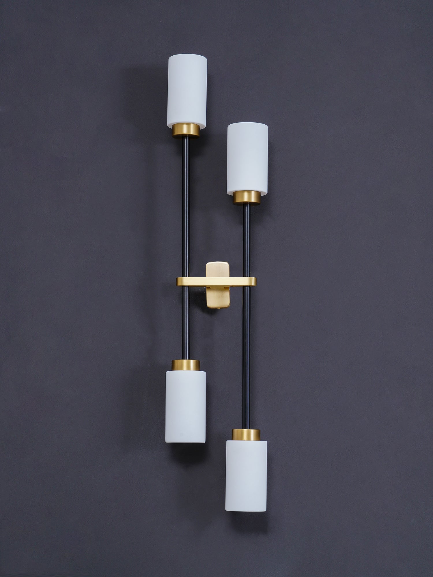 Modern Asymmetric Brass Wall Sconce with Cylindrical Glass Shades for Luxury Interiors