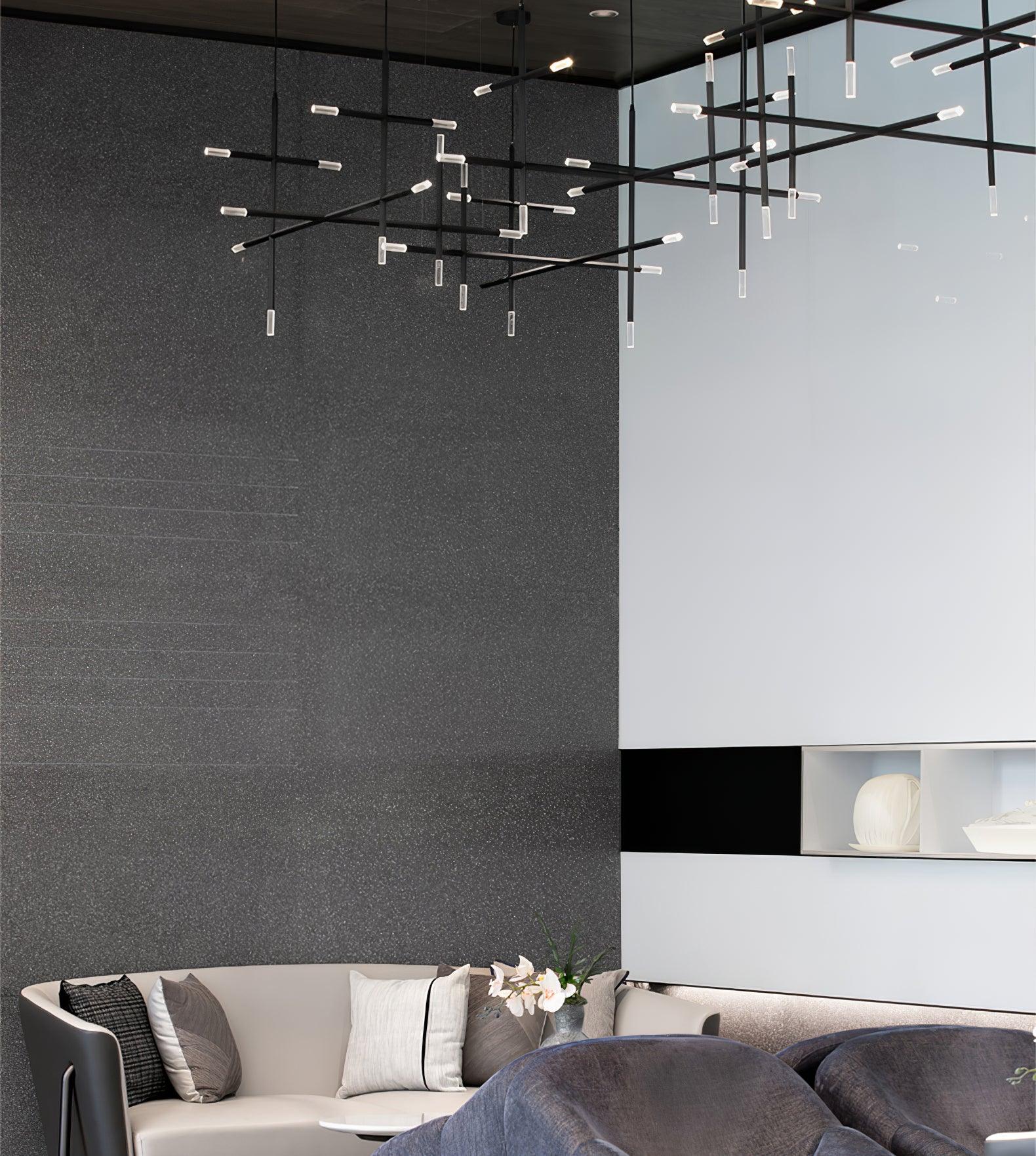 Modern Asymmetric Linear LED Pendant Light Aluminum Tube Suspension Chandelier for Dining Room