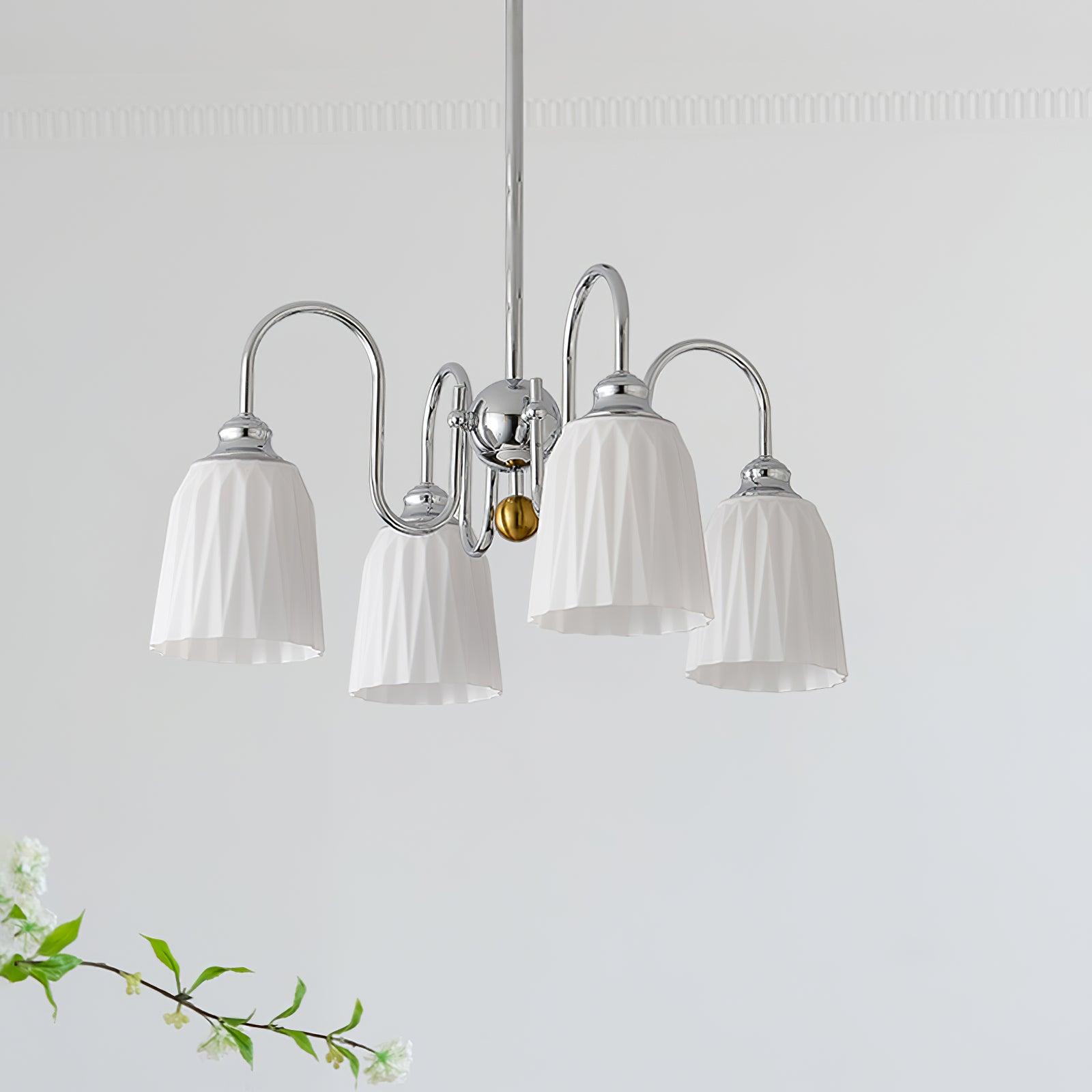 Modern Bauhaus Pleated White Glass Chandelier Chrome Ceiling Light Fixture