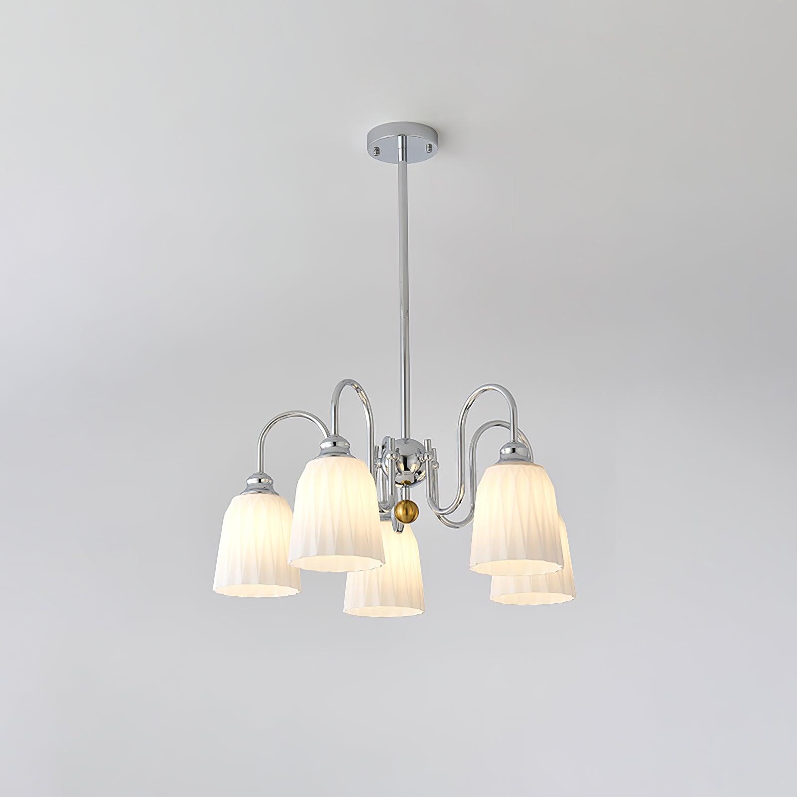Modern Bauhaus Pleated White Glass Chandelier Chrome Ceiling Light Fixture