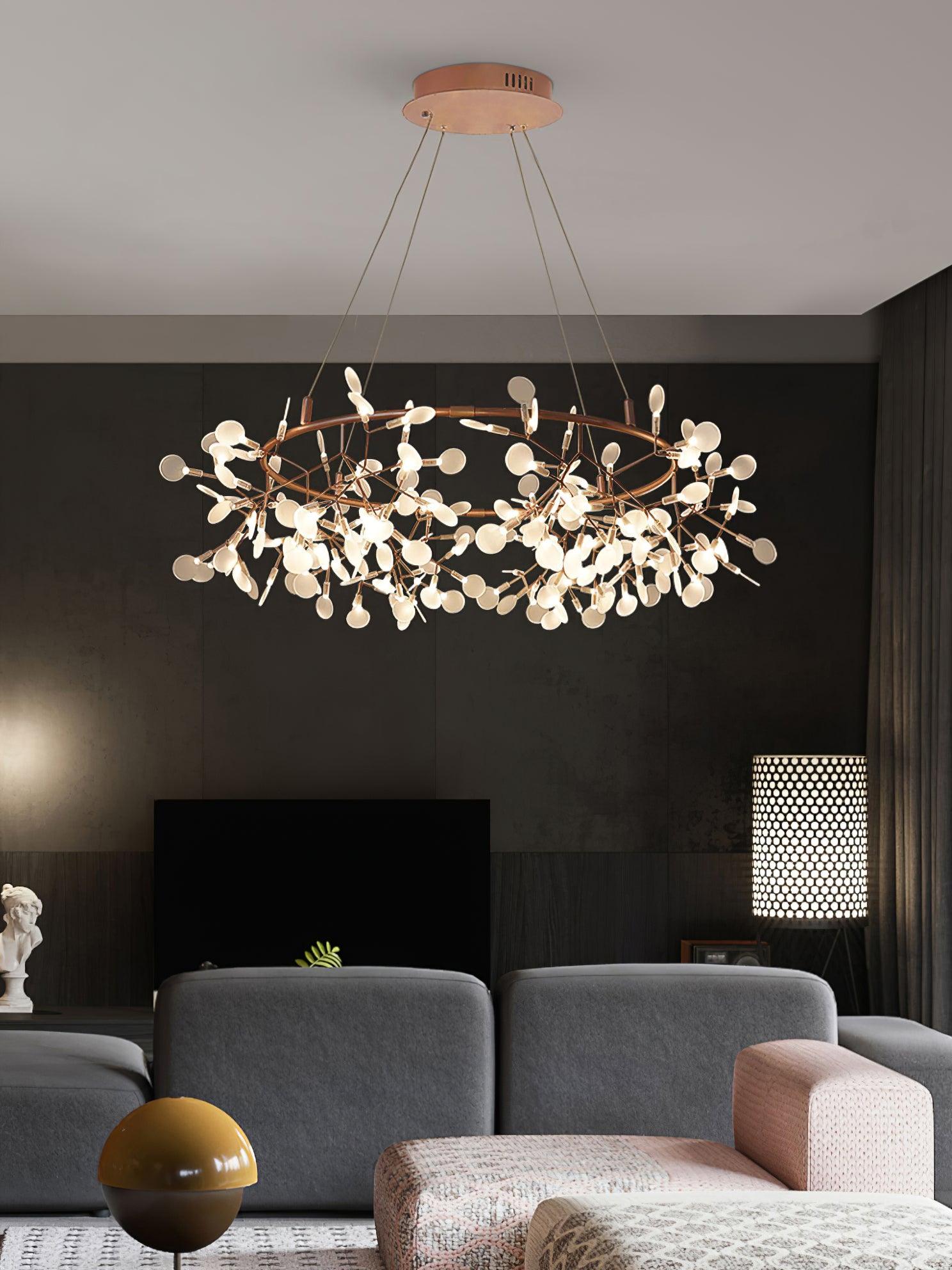 Modern Big O Firefly LED Circular Chandelier Ring Pendant Light with Leaf Accents