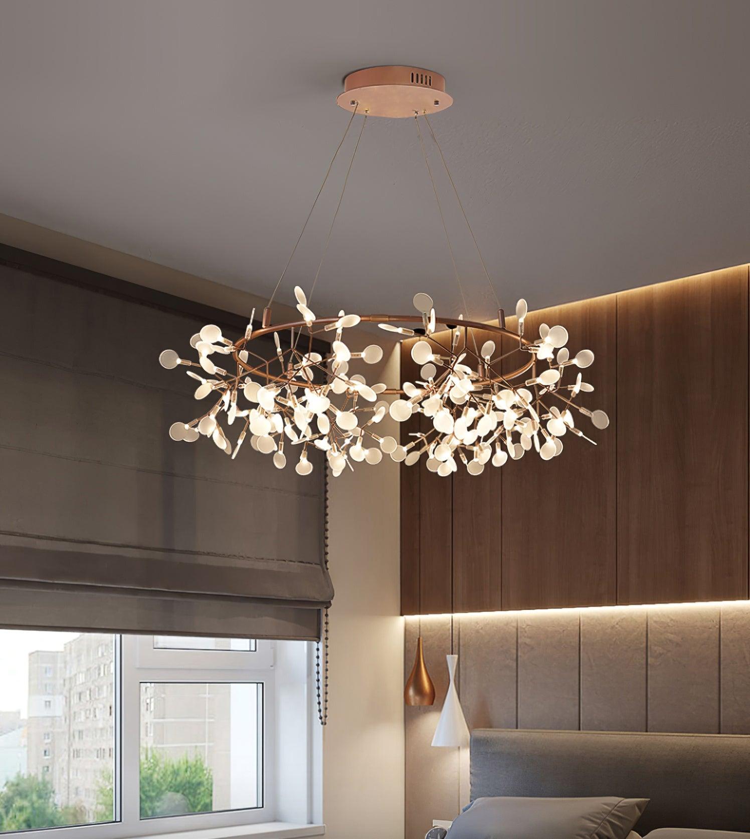 Modern Big O Firefly LED Circular Chandelier Ring Pendant Light with Leaf Accents