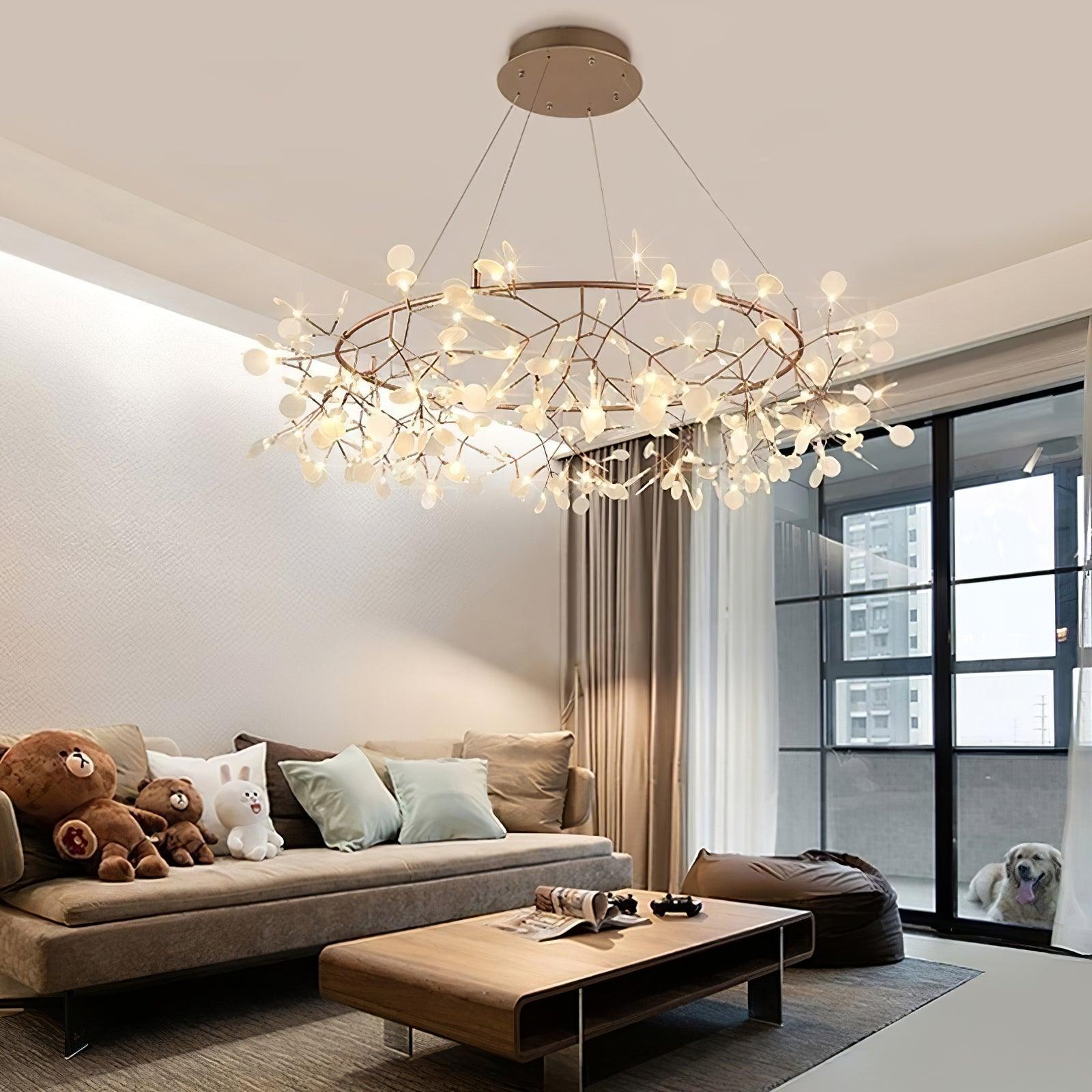 Modern Big O Firefly LED Circular Chandelier Ring Pendant Light with Leaf Accents