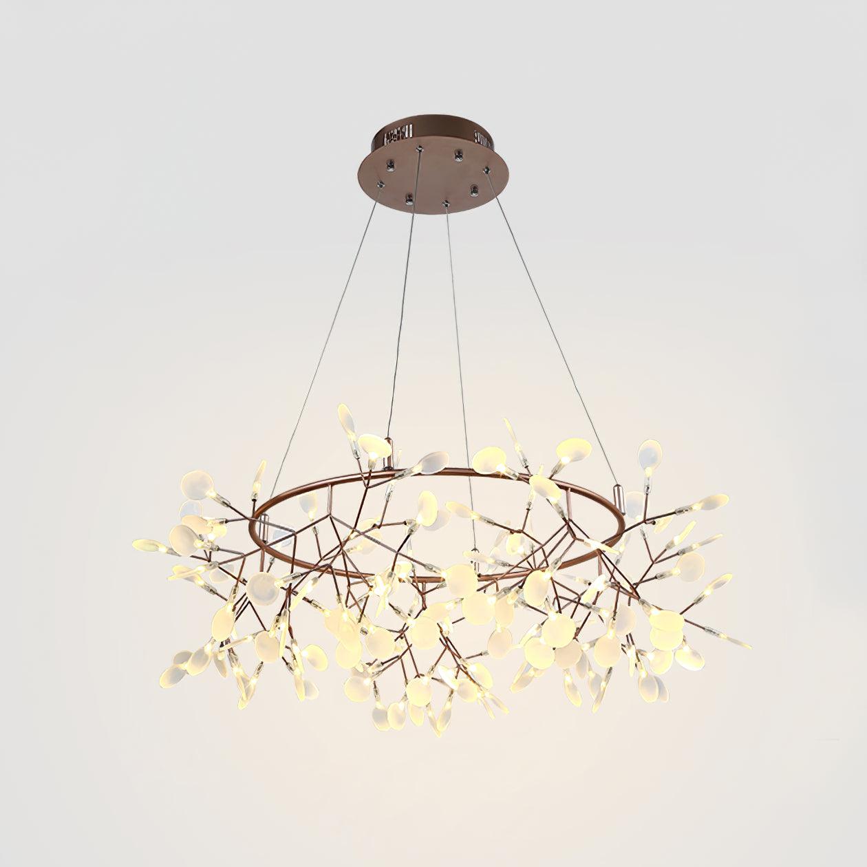 Modern Big O Firefly LED Circular Chandelier Ring Pendant Light with Leaf Accents