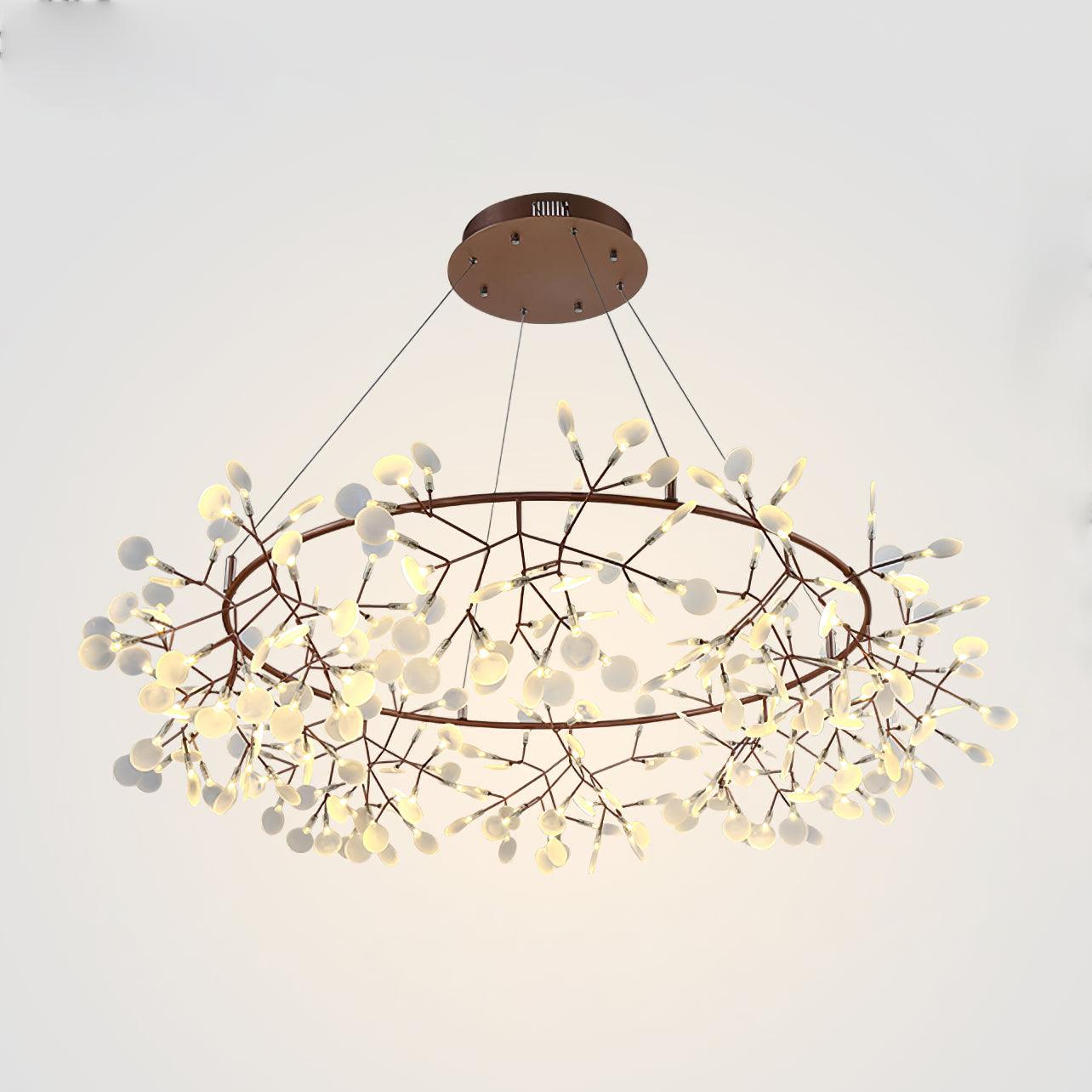 Modern Big O Firefly LED Circular Chandelier Ring Pendant Light with Leaf Accents