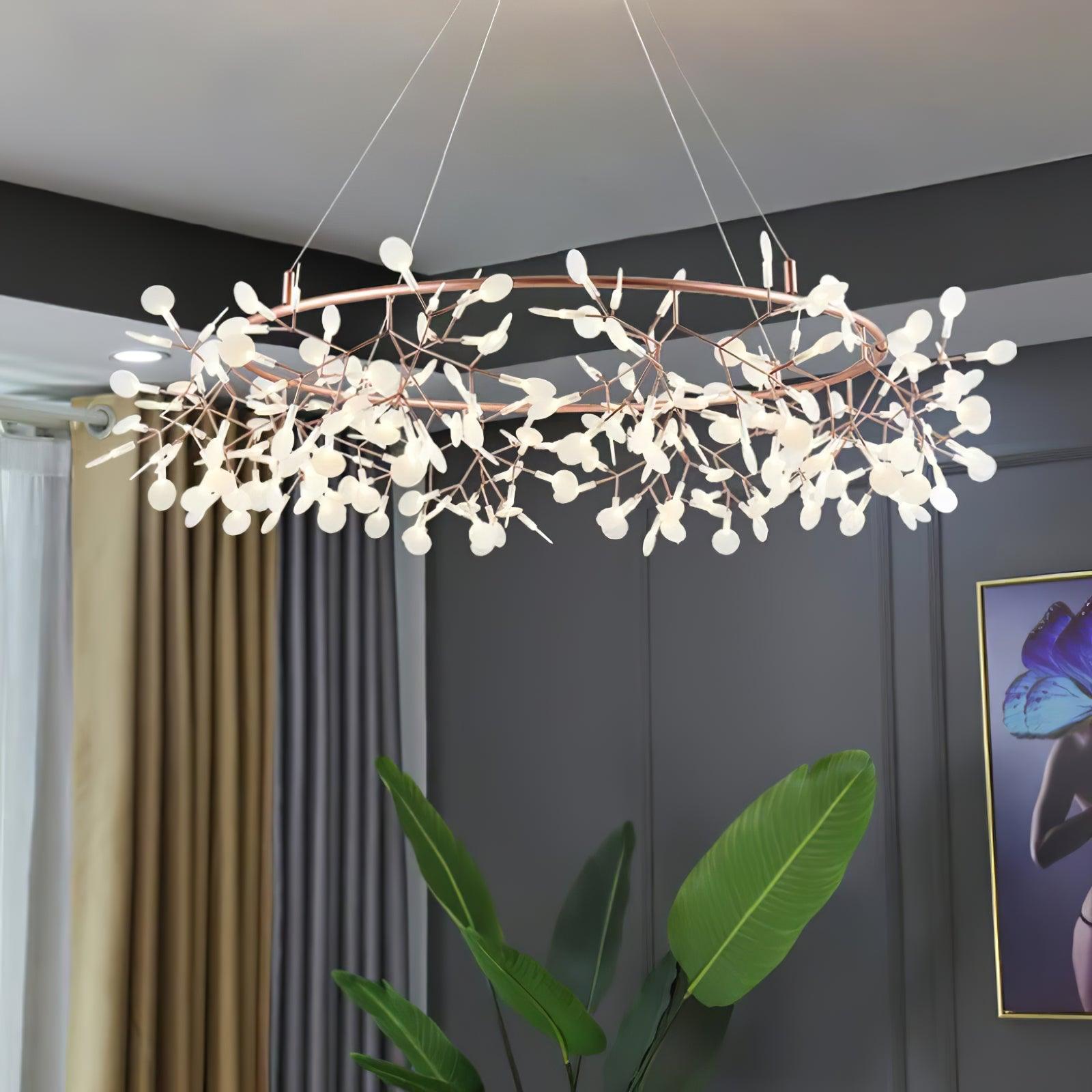 Modern Big O Firefly LED Circular Chandelier Ring Pendant Light with Leaf Accents