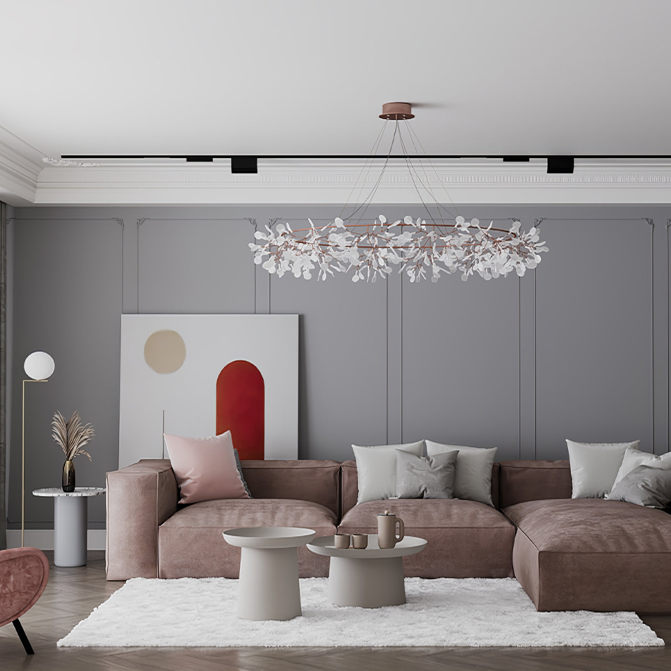 Modern Big O Firefly LED Circular Chandelier Ring Pendant Light with Leaf Accents