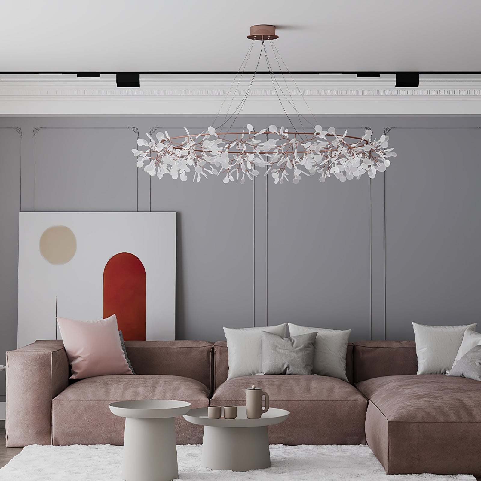 Modern Big O Firefly LED Circular Chandelier Ring Pendant Light with Leaf Accents