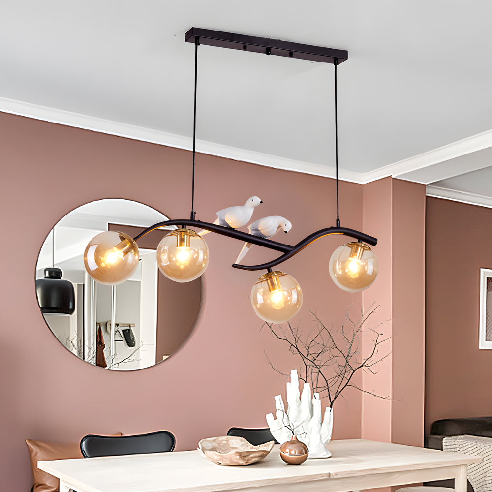 Modern Bird Branch Dining Room Chandelier with 3 Color Dimming Glass Globe Pendant Light