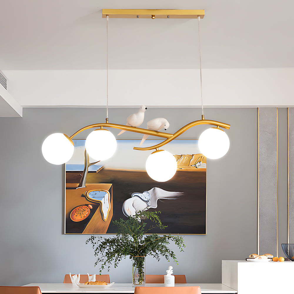 Modern Bird Branch Dining Room Chandelier with 3 Color Dimming Glass Globe Pendant Light
