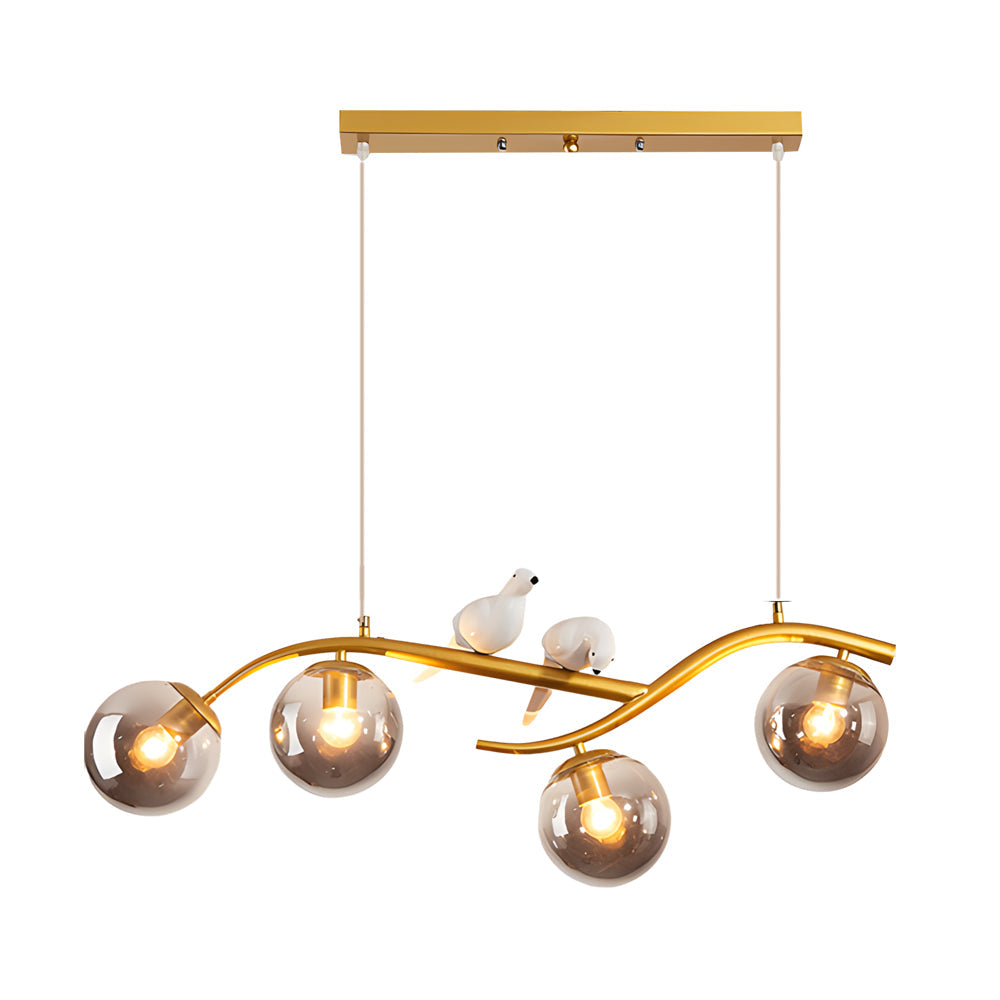 Modern Bird Branch Dining Room Chandelier with 3 Color Dimming Glass Globe Pendant Light