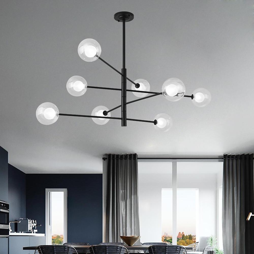 Modern Black 8 Light Linear Sputnik Chandelier with Clear Glass Globes for Dining Room