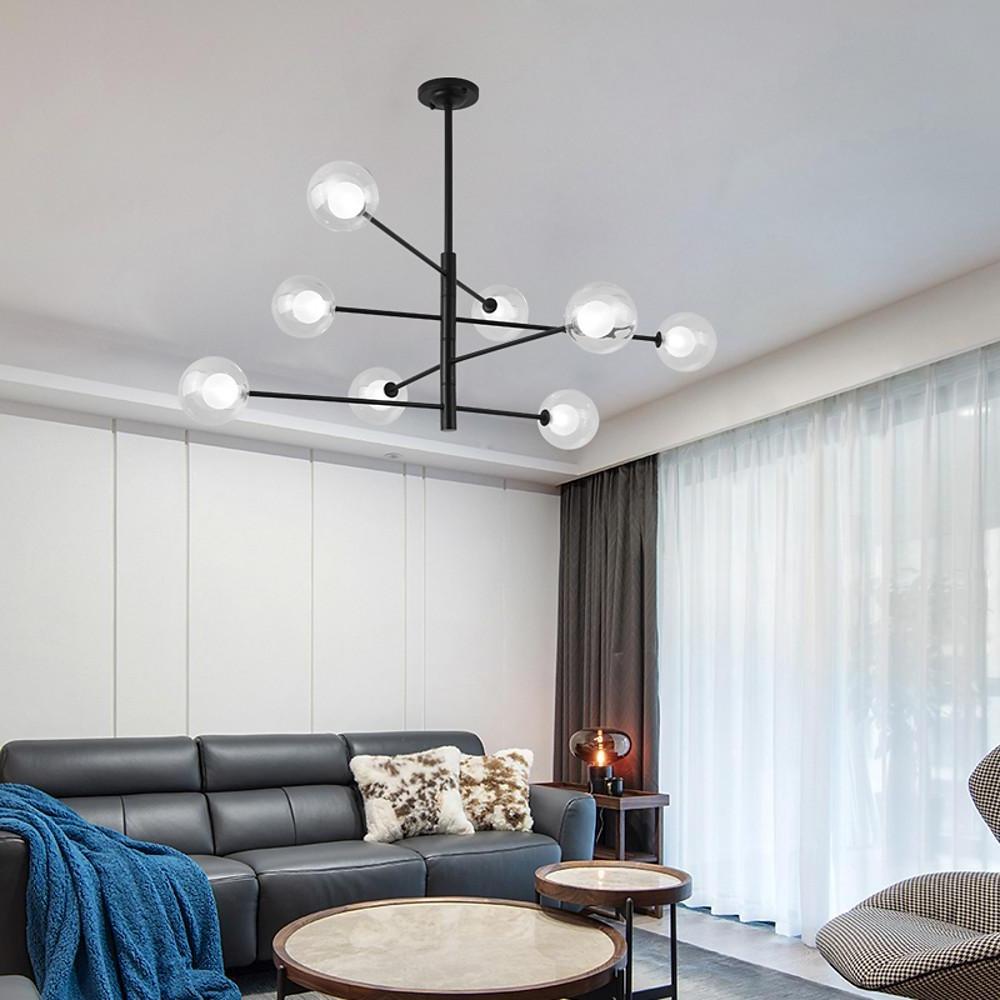Modern Black 8 Light Linear Sputnik Chandelier with Clear Glass Globes for Dining Room