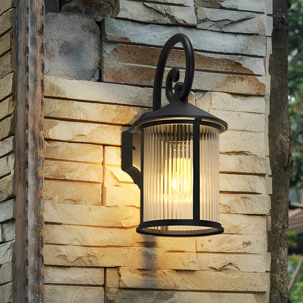 Modern Black Aluminum Exterior Wall Light with Clear Striped Glass Sconce for Porch and Garden