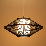 Modern Black Bamboo Pyramid Pendant Light Farmhouse Style Circular Hanging Ceiling Lamp for Bedroom