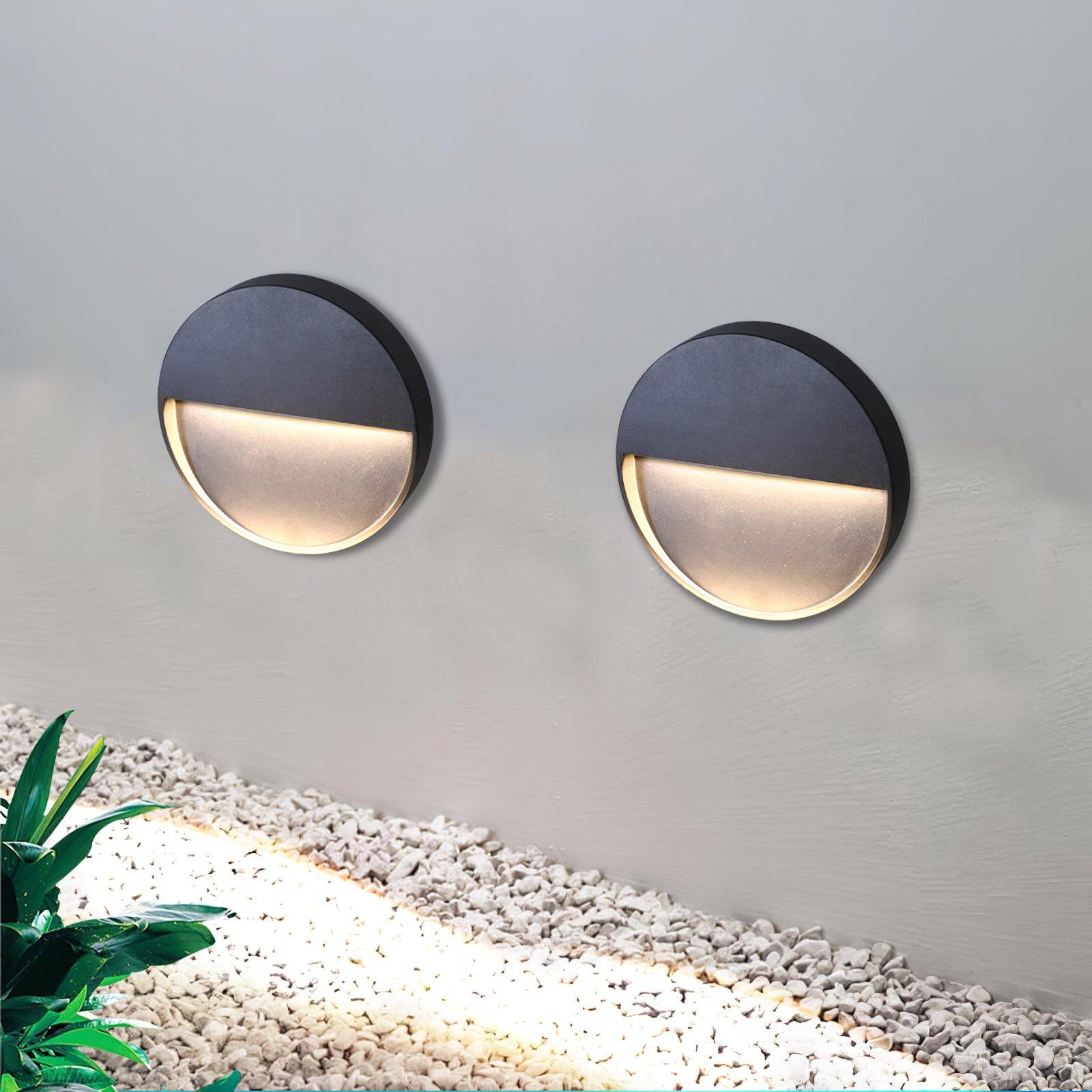 Modern Black Circular LED Outdoor Step Light and Exterior Wall Sconce for Patios and Stairways