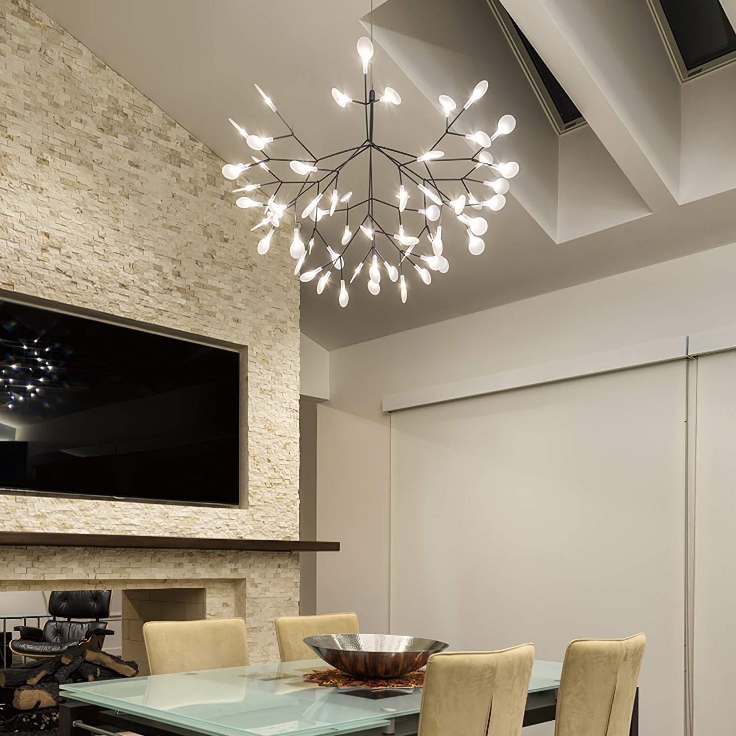 Modern Black Firefly LED Branch Chandelier Botanical Floral Ceiling Light Fixture